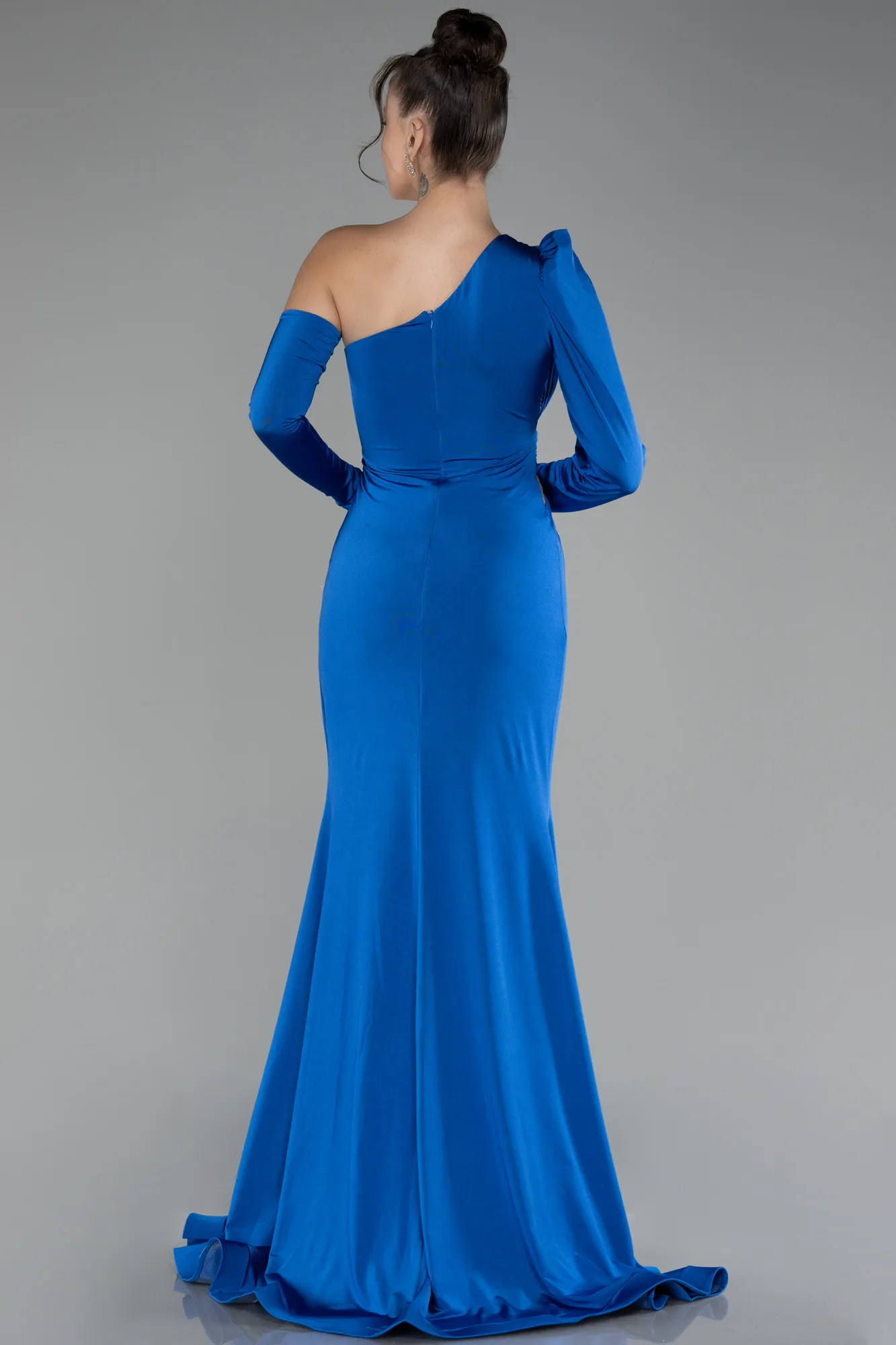 Sax Blue-One Sleeve Long Evening Dress ABU3851