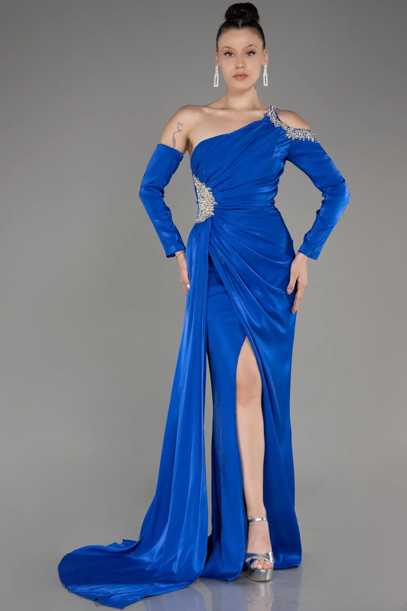 Sax Blue-One Sleeve Long Formal Evening Dress ABU3976