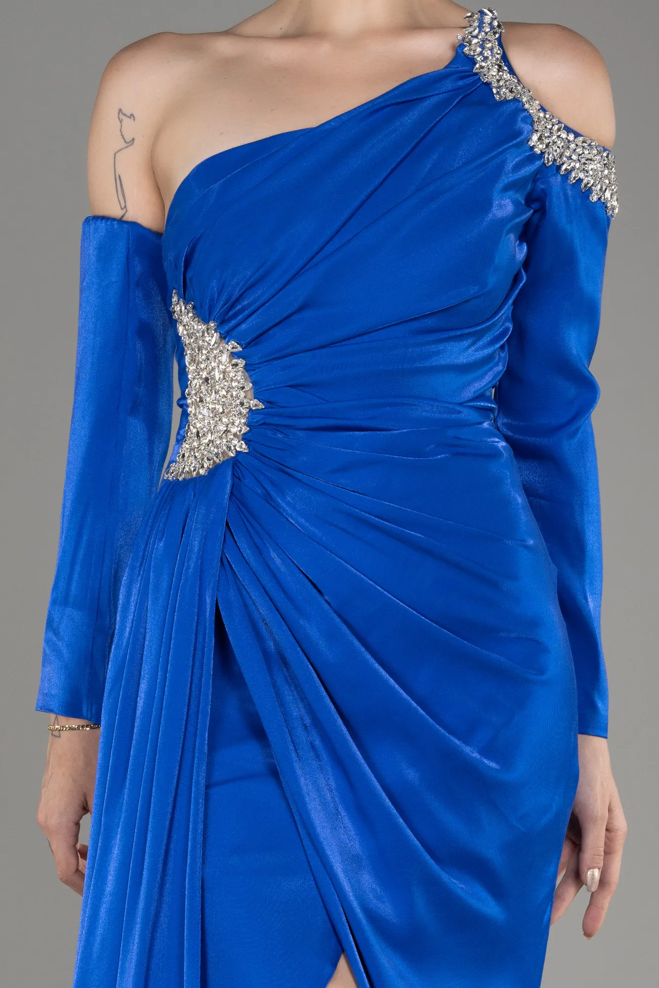 Sax Blue-One Sleeve Long Formal Evening Dress ABU3976