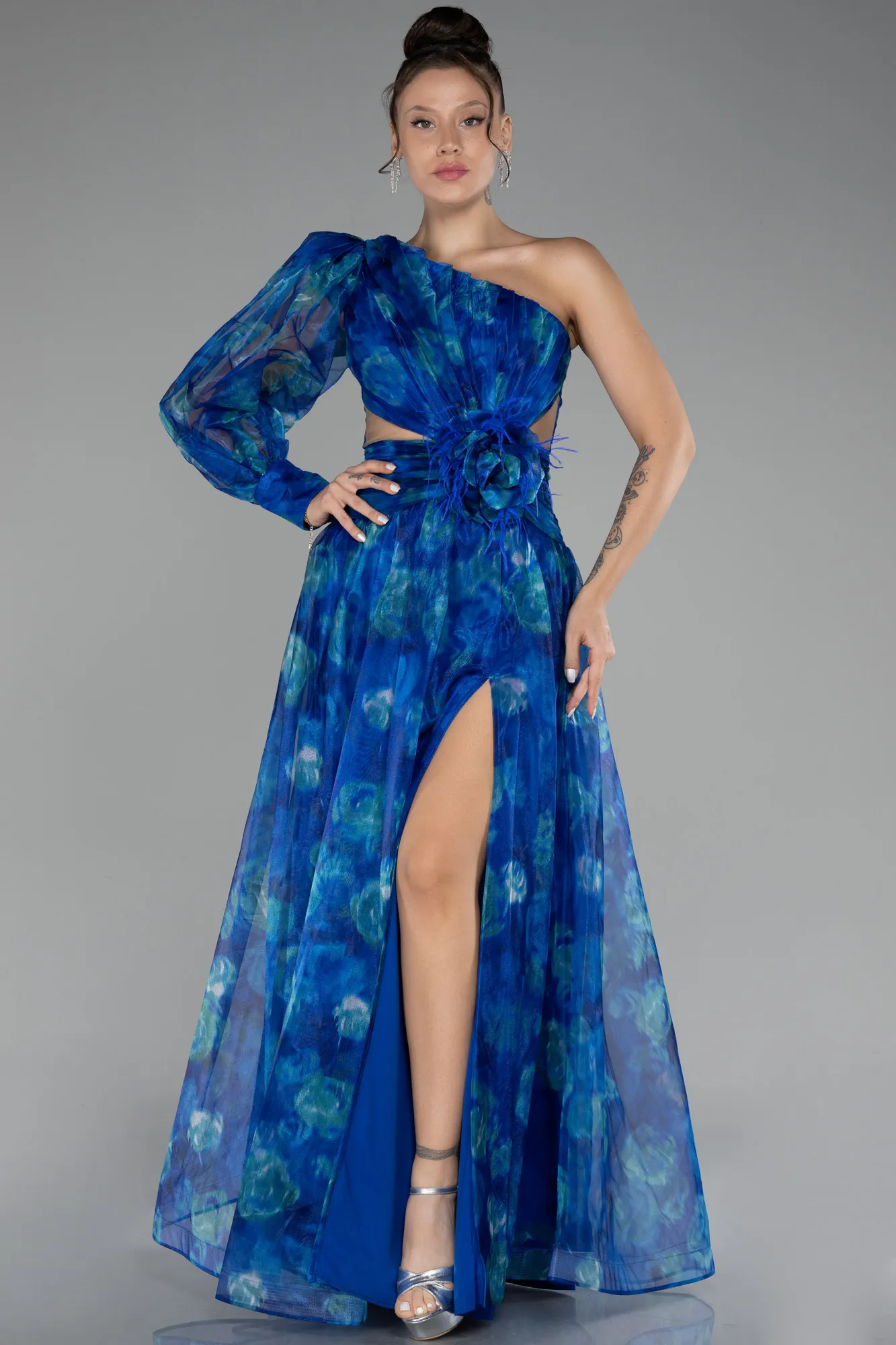 Sax Blue-One Sleeve Slit Long Patterned Prom Gown ABU4206