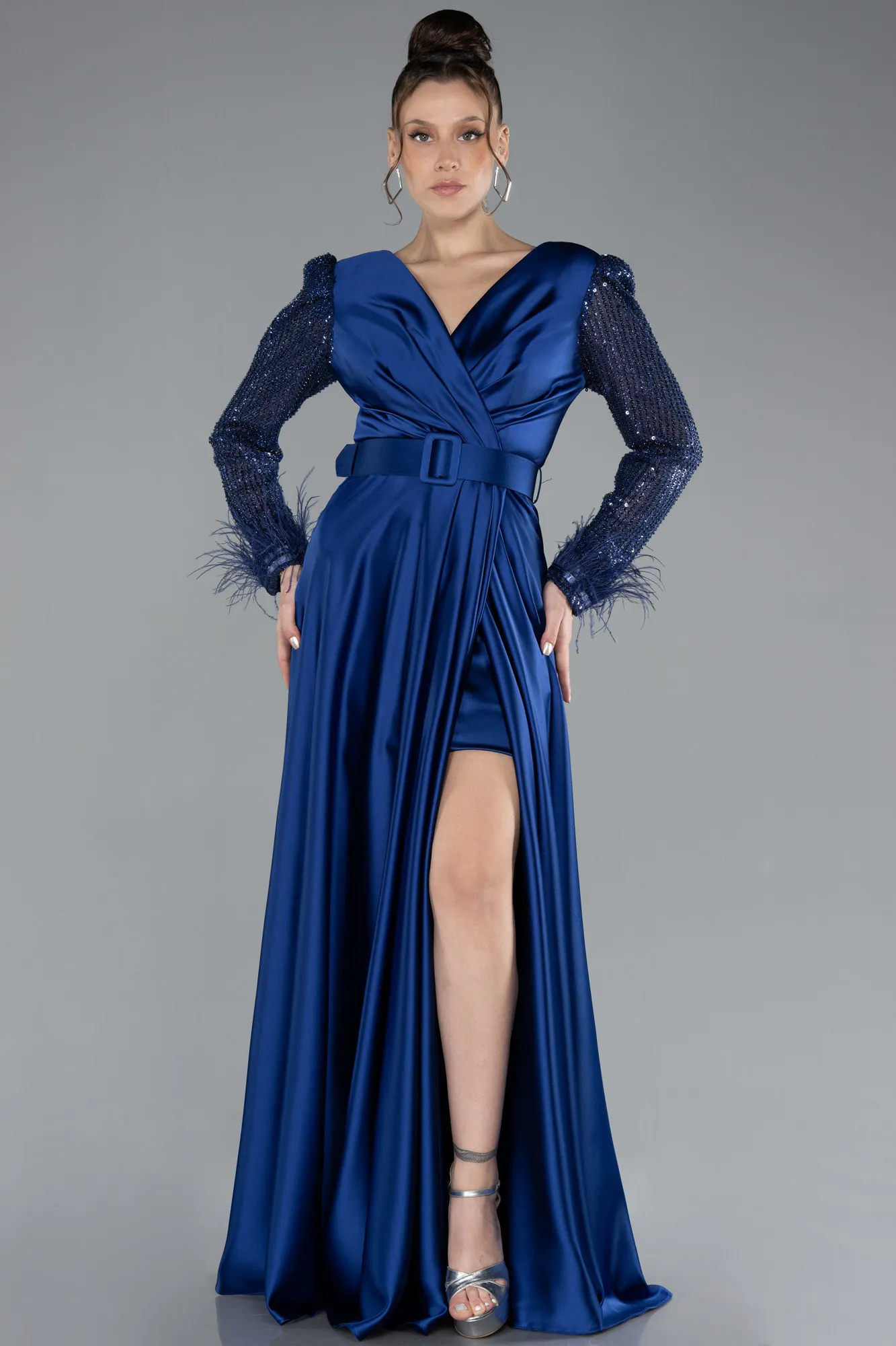 Sax Blue-Sequined Long Sleeve Slit Satin Evening Dress ABU4399