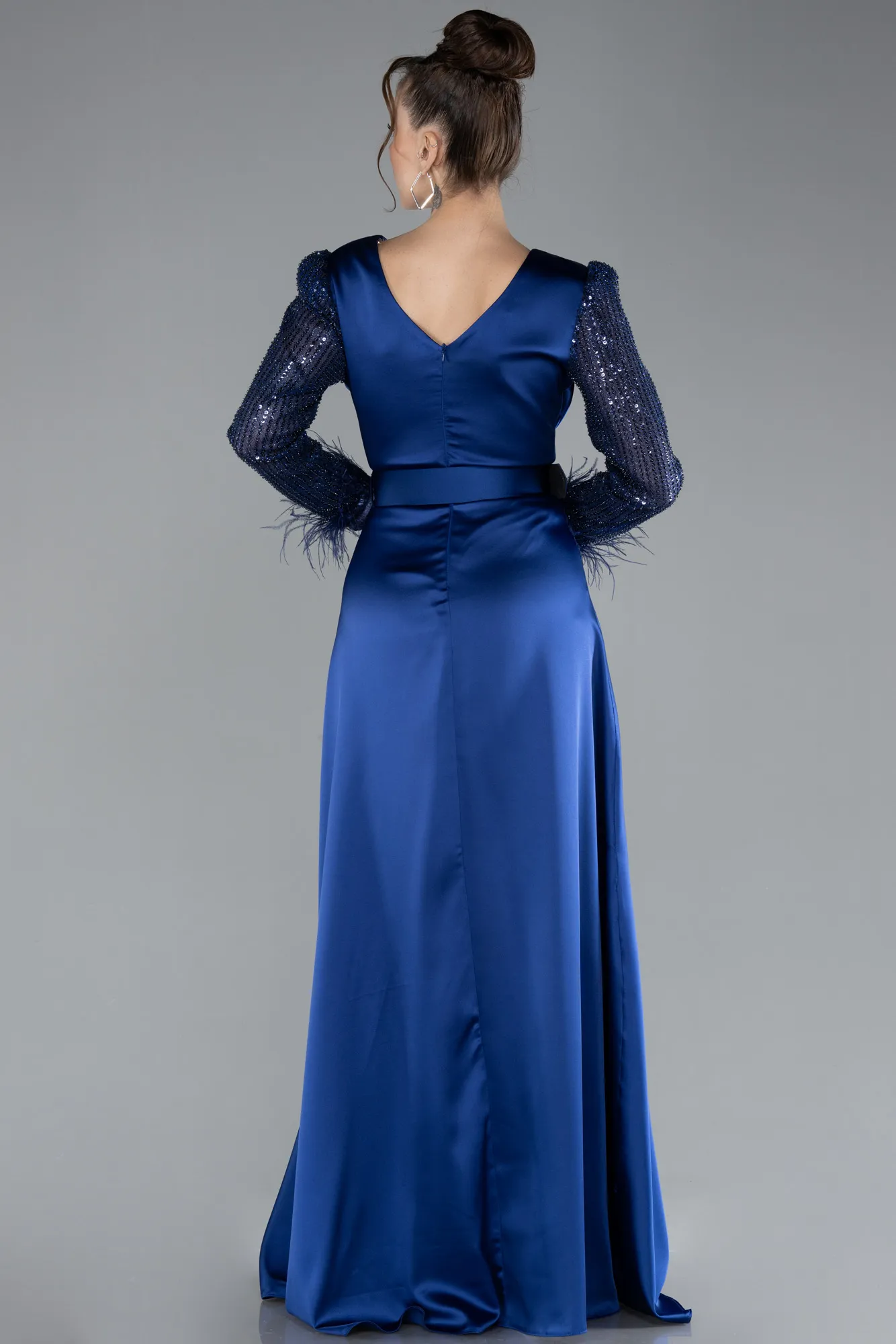 Sax Blue-Sequined Long Sleeve Slit Satin Evening Dress ABU4399