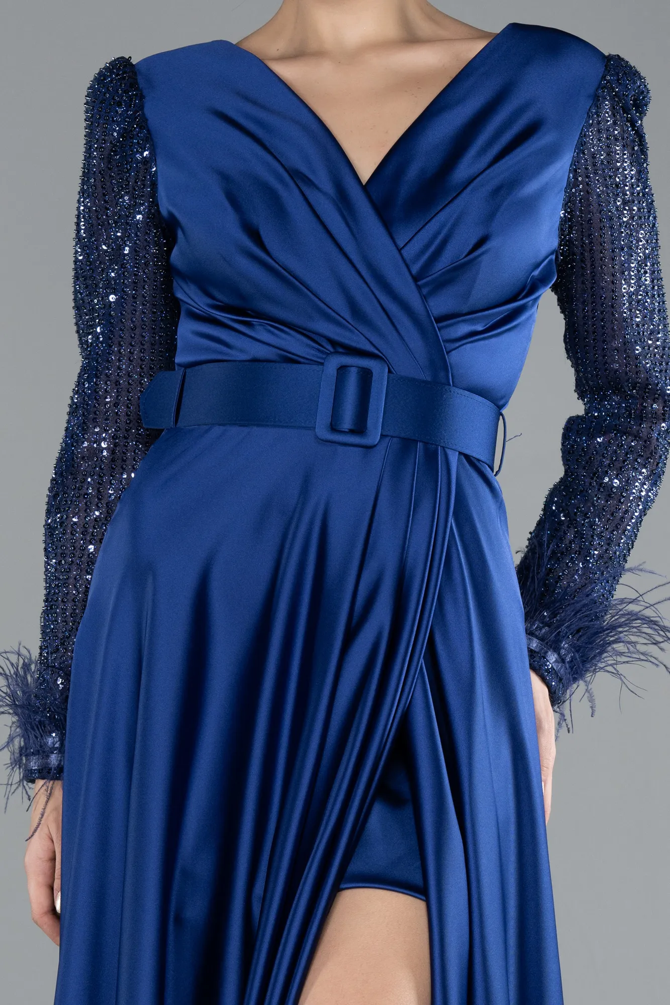 Sax Blue-Sequined Long Sleeve Slit Satin Evening Dress ABU4399