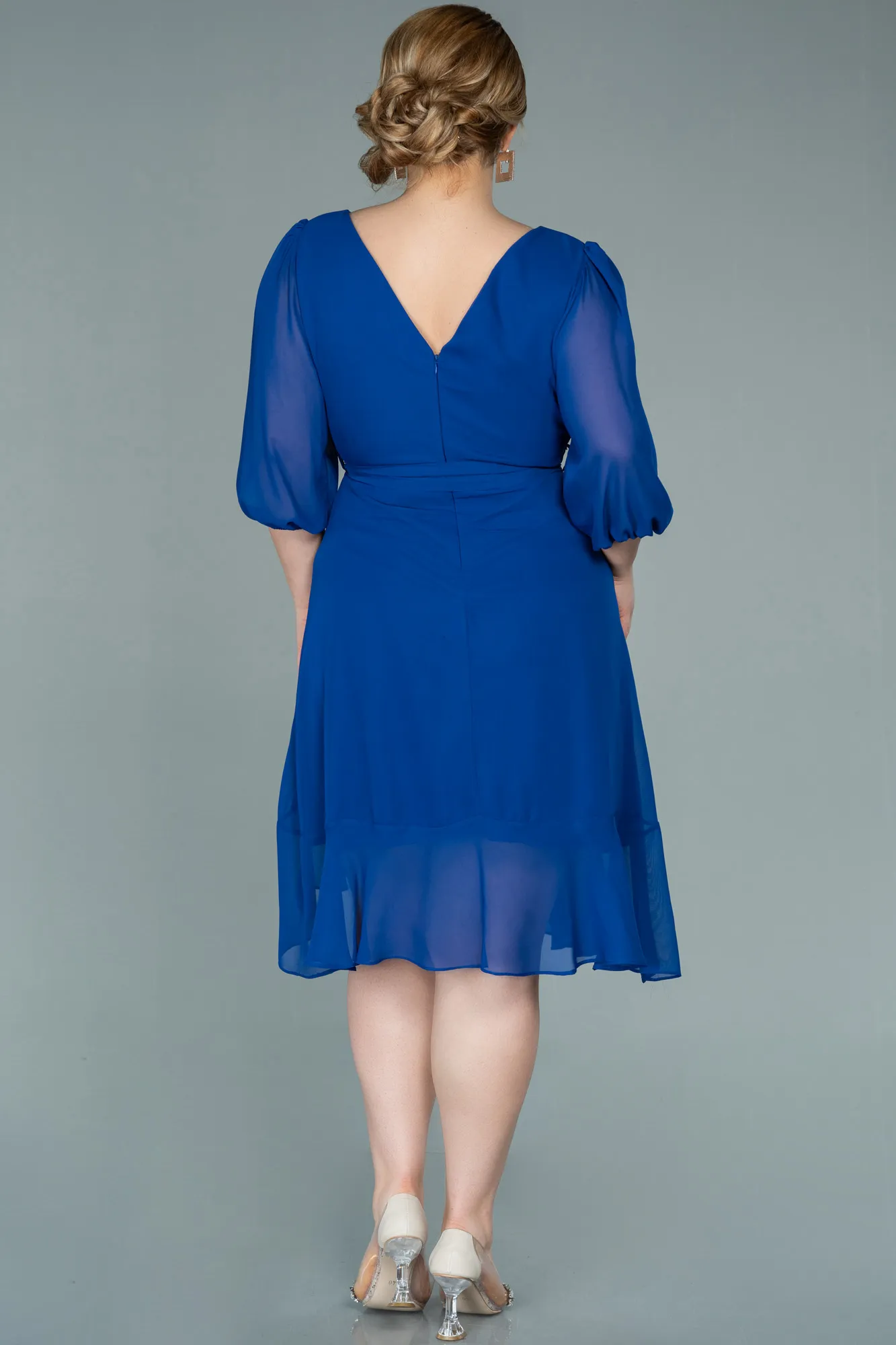 Sax Blue-Short Chiffon Oversized Evening Dress ABK1340