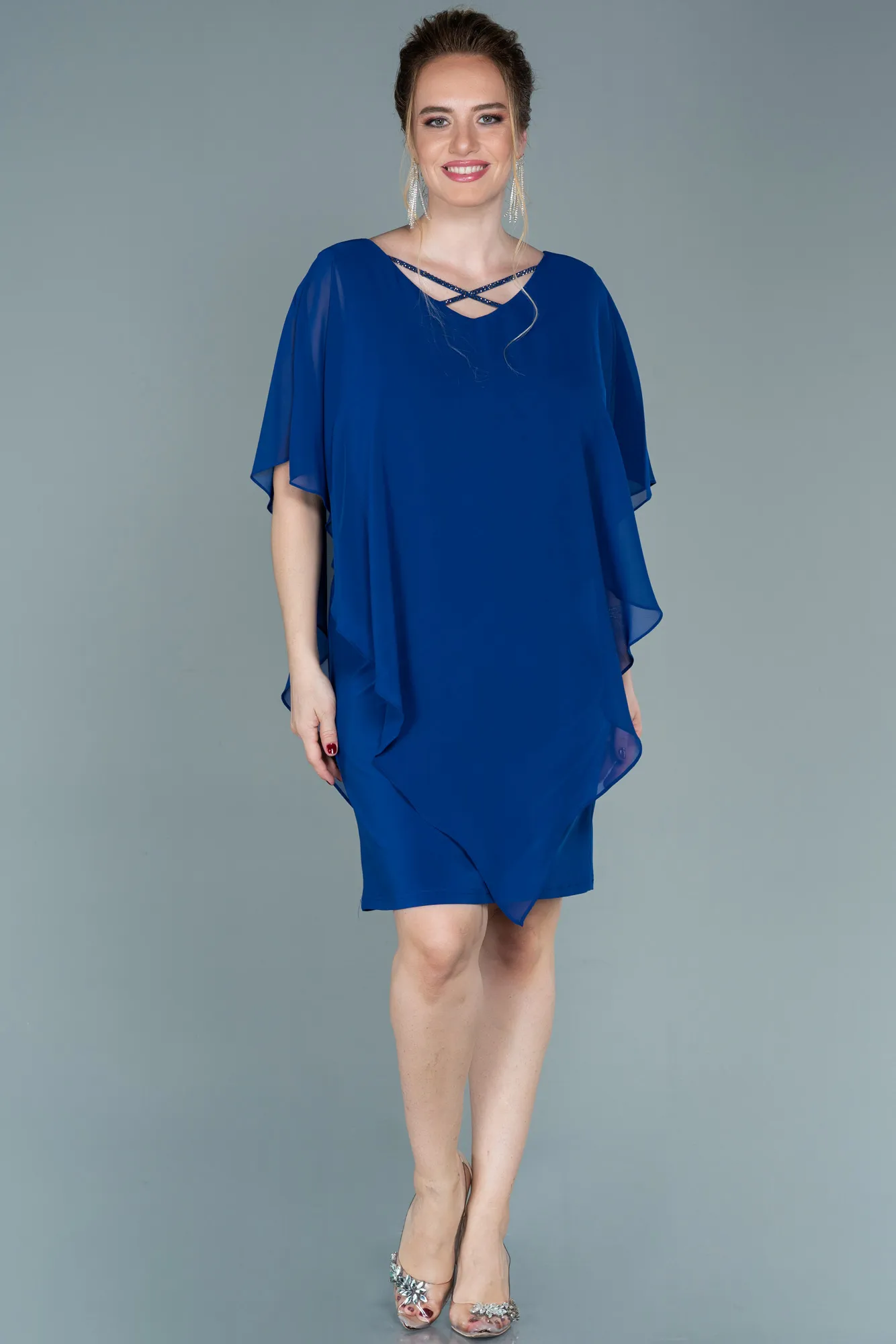 Sax Blue-Short Chiffon Plus Size Evening Dress ABK1494