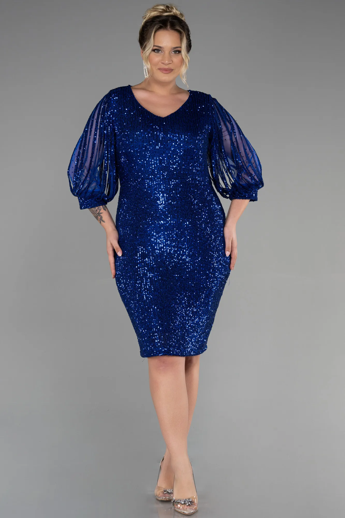 Sax Blue-Short Plus Size Evening Dress ABK631