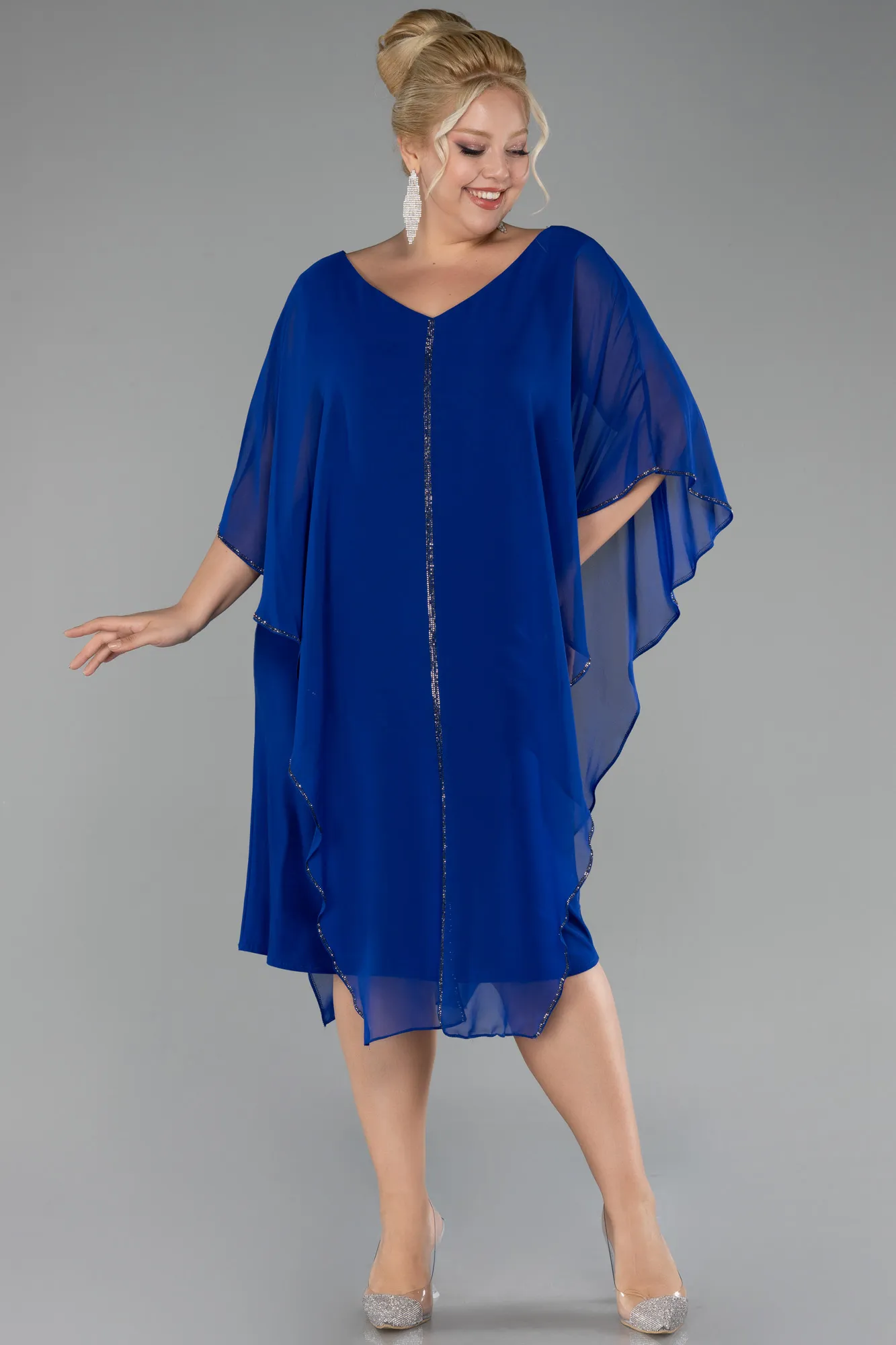 Sax Blue-Short Sleeve Chiffon Midi Plus Size Evening Dress ABK2134