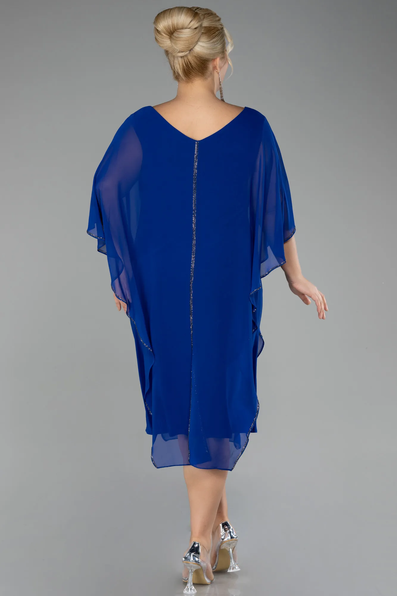 Sax Blue-Short Sleeve Chiffon Midi Plus Size Evening Dress ABK2134