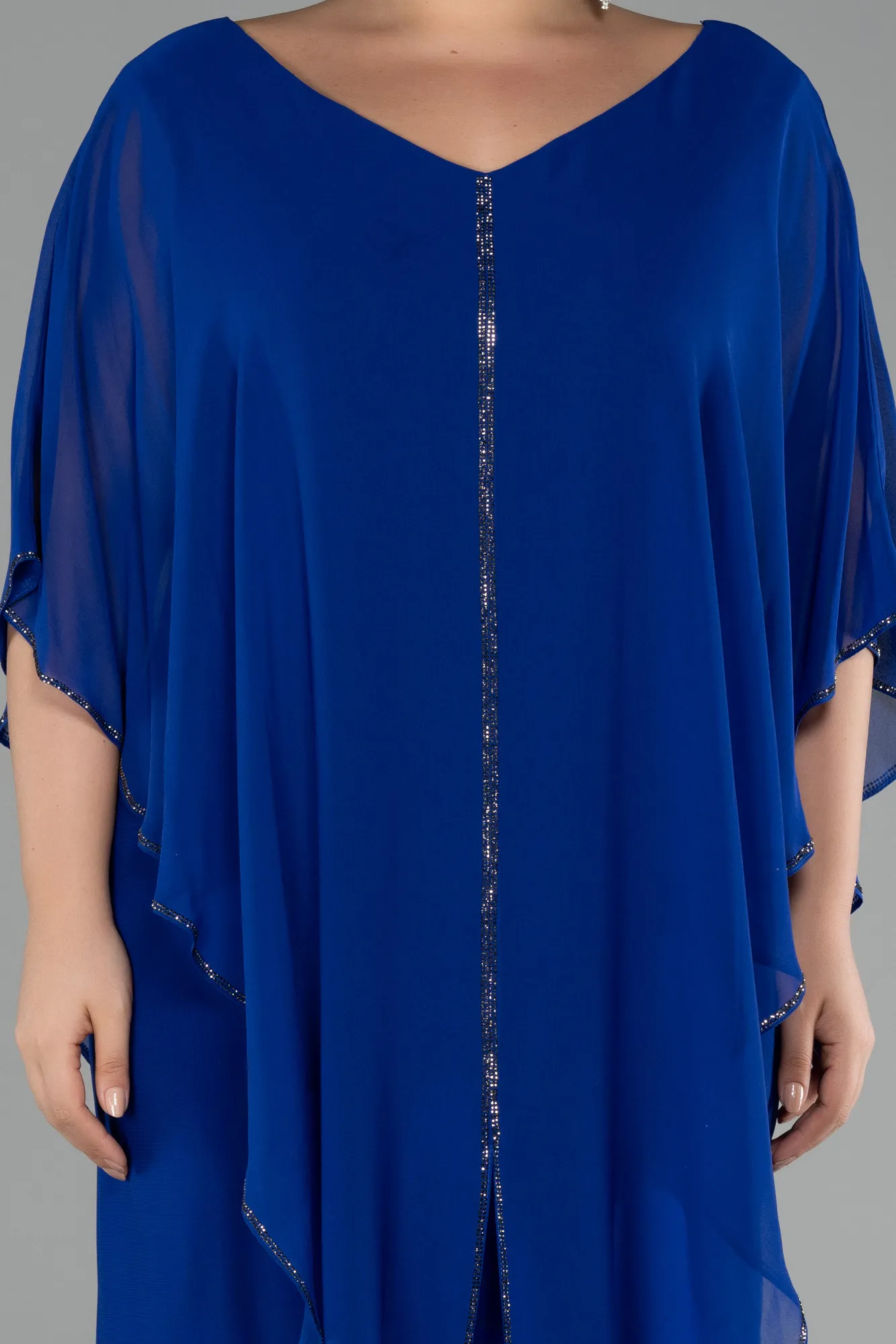 Sax Blue-Short Sleeve Chiffon Midi Plus Size Evening Dress ABK2134