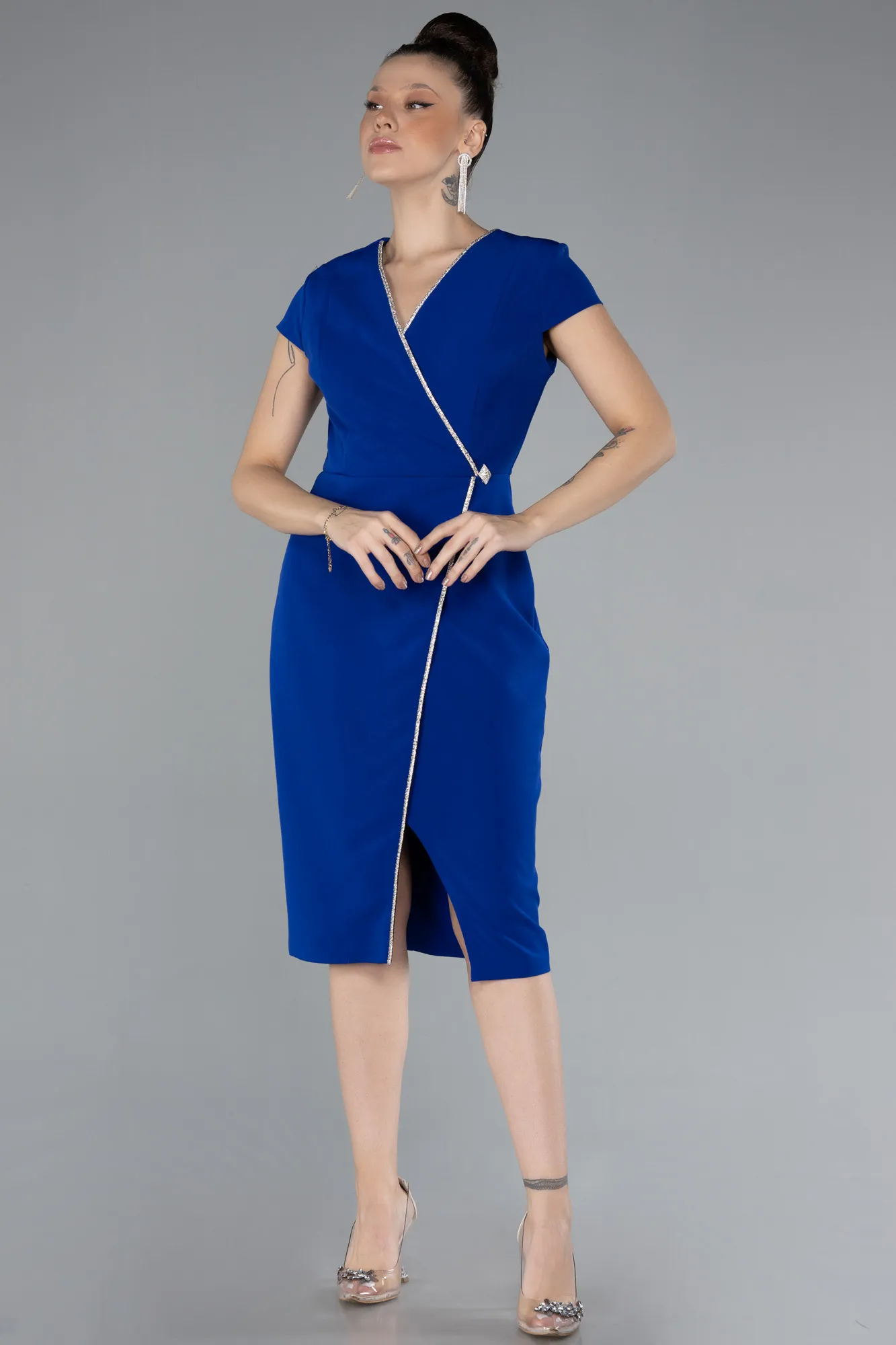 Sax Blue-Short Sleeve Double Breasted Collar Midi Cocktail Dress ABK2205