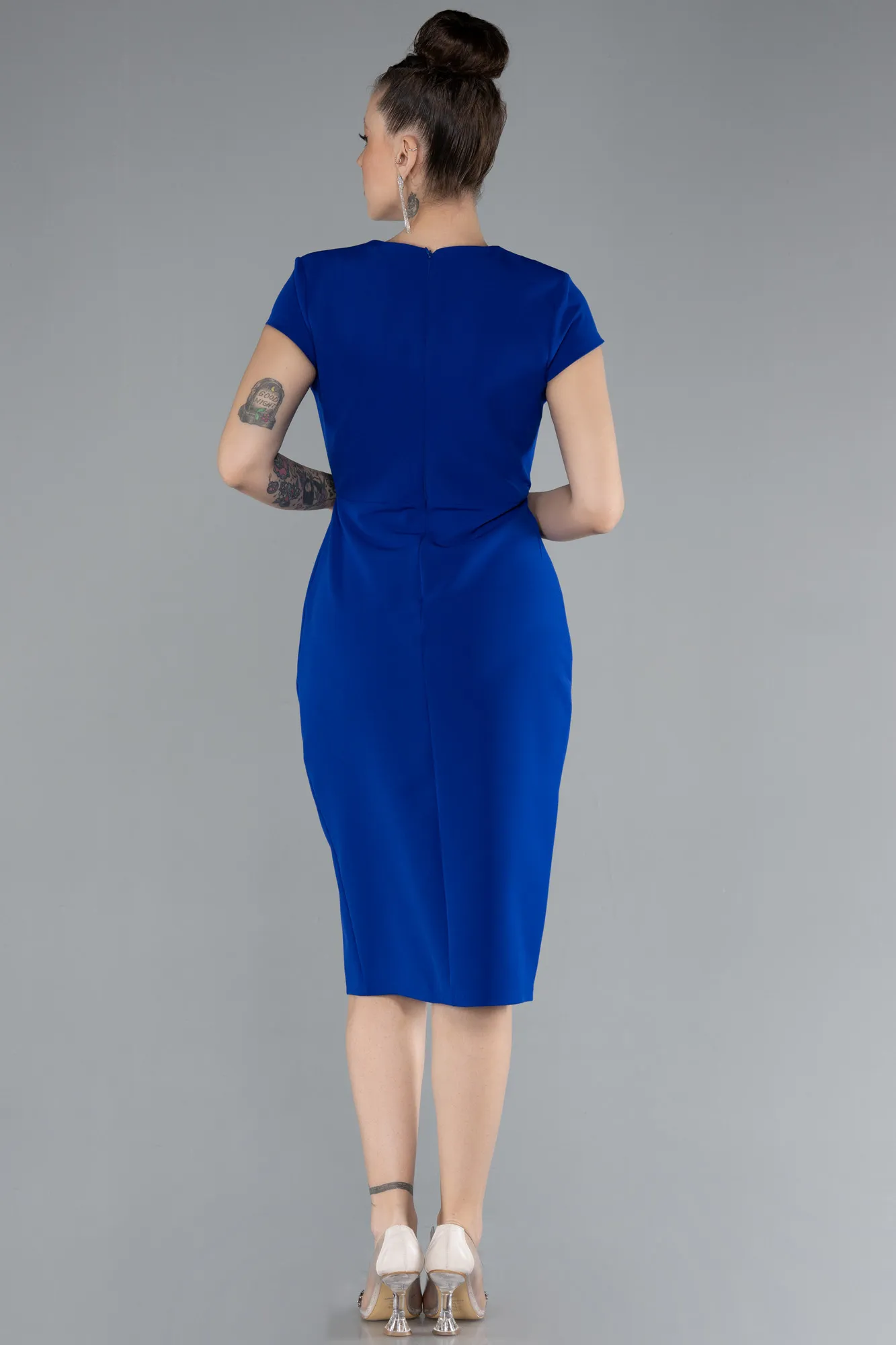 Sax Blue-Short Sleeve Double Breasted Collar Midi Cocktail Dress ABK2205