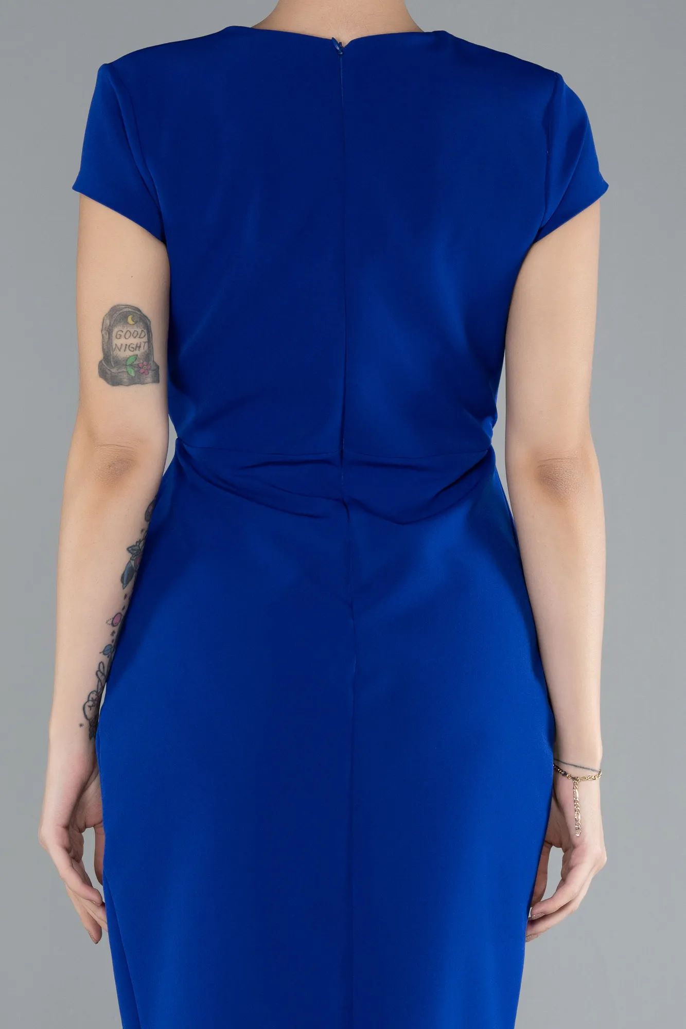 Sax Blue-Short Sleeve Double Breasted Collar Midi Cocktail Dress ABK2205