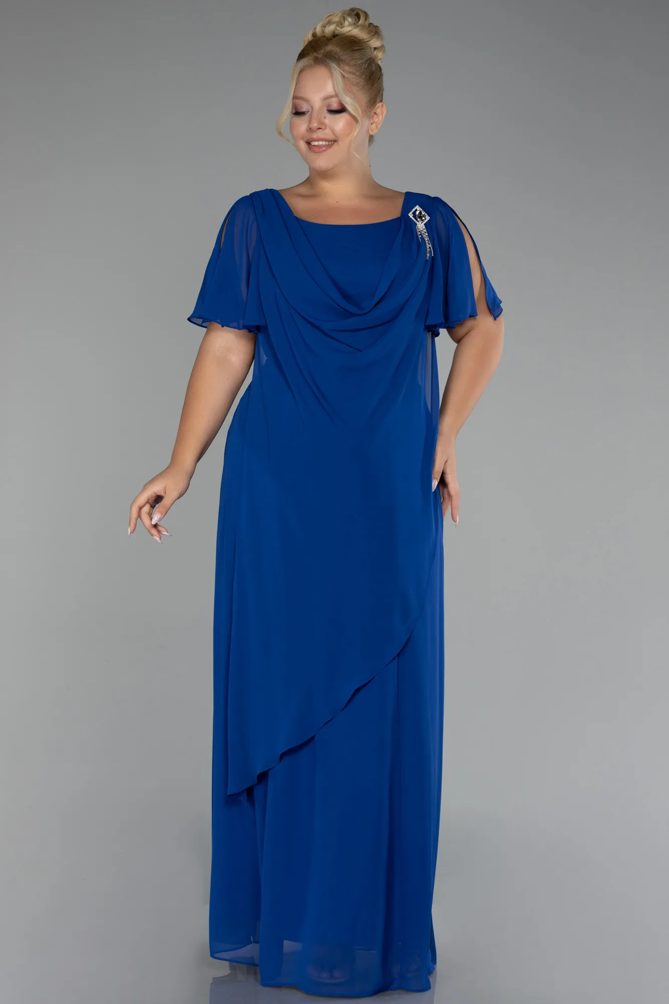 Sax Blue-Short Sleeve Long Chiffon Plus Size Evening Dress ABU4097