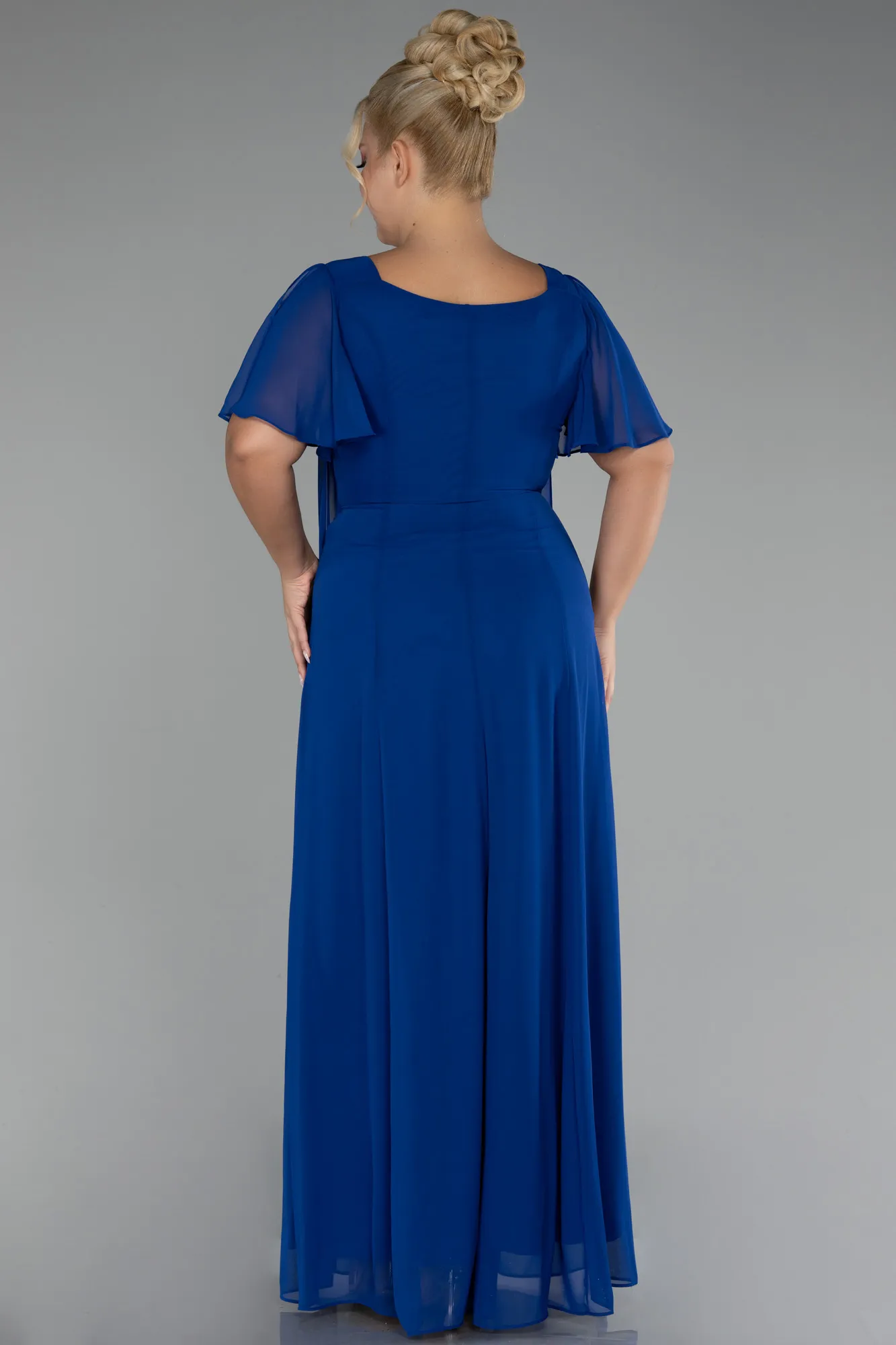 Sax Blue-Short Sleeve Long Chiffon Plus Size Evening Dress ABU4097