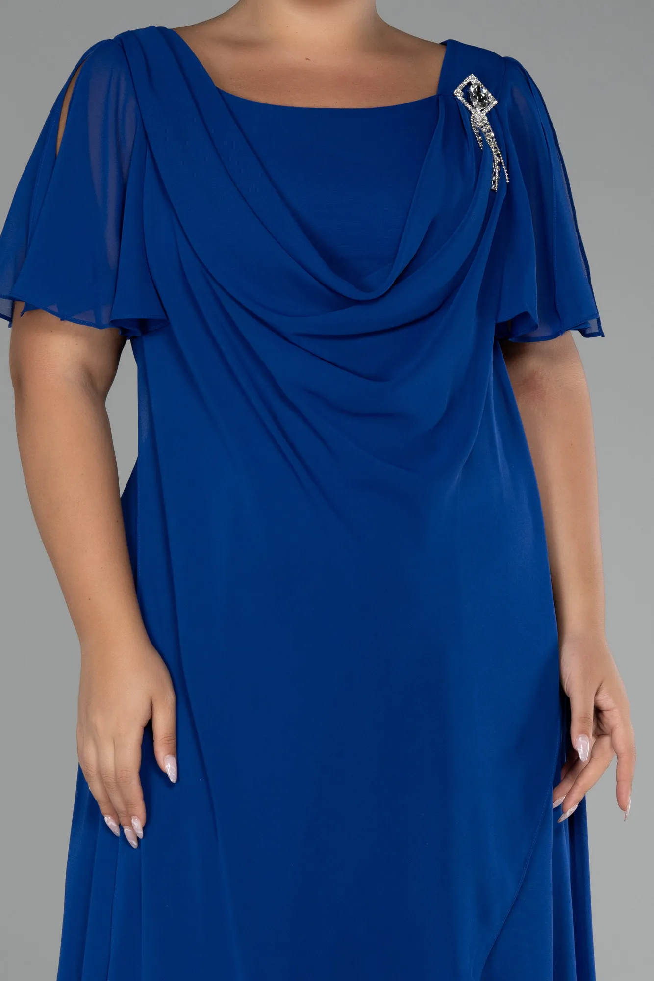 Sax Blue-Short Sleeve Long Chiffon Plus Size Evening Dress ABU4097