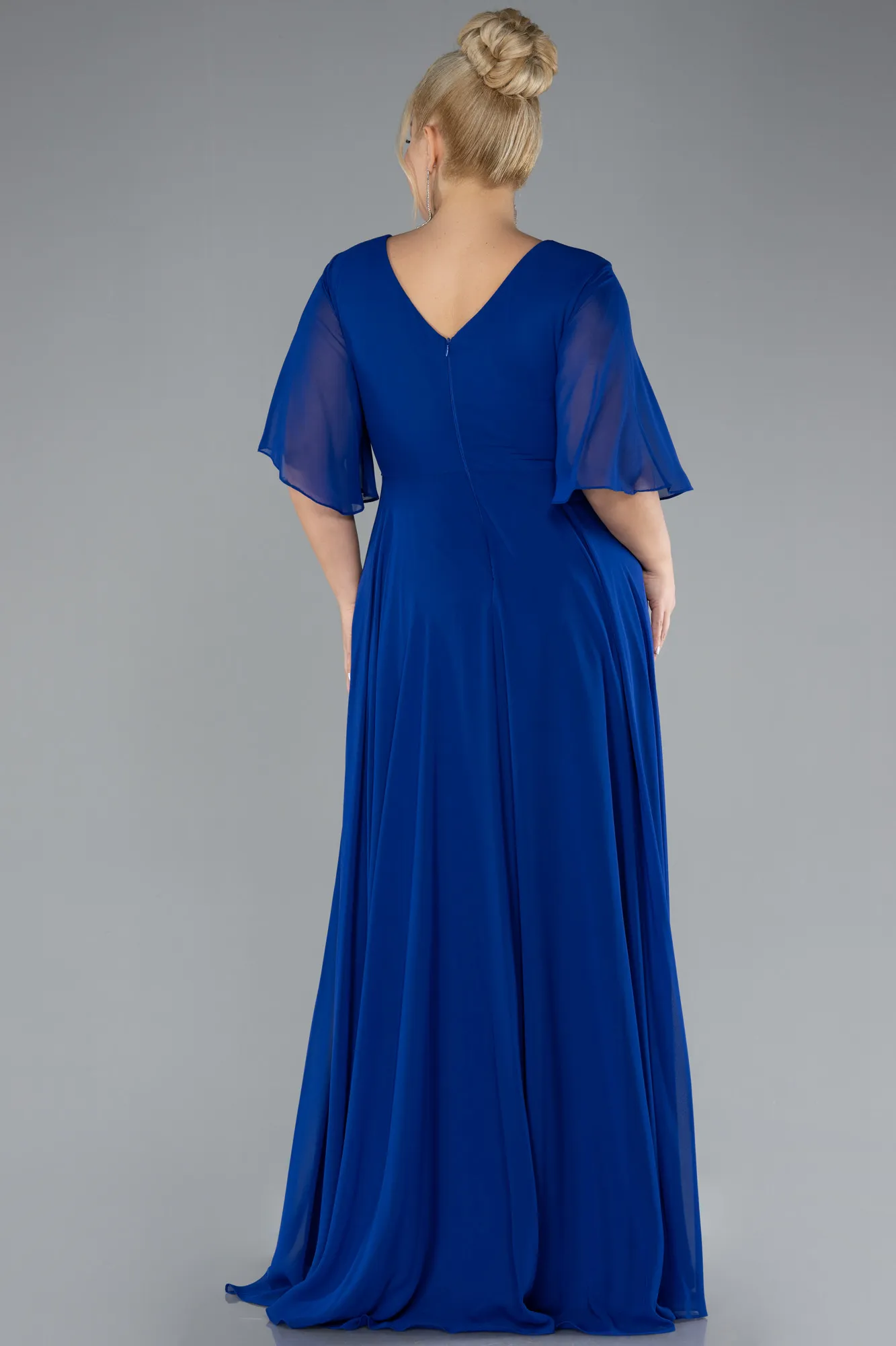 Sax Blue-Short Sleeve Plus Size Long Chiffon Evening Dress ABU3991