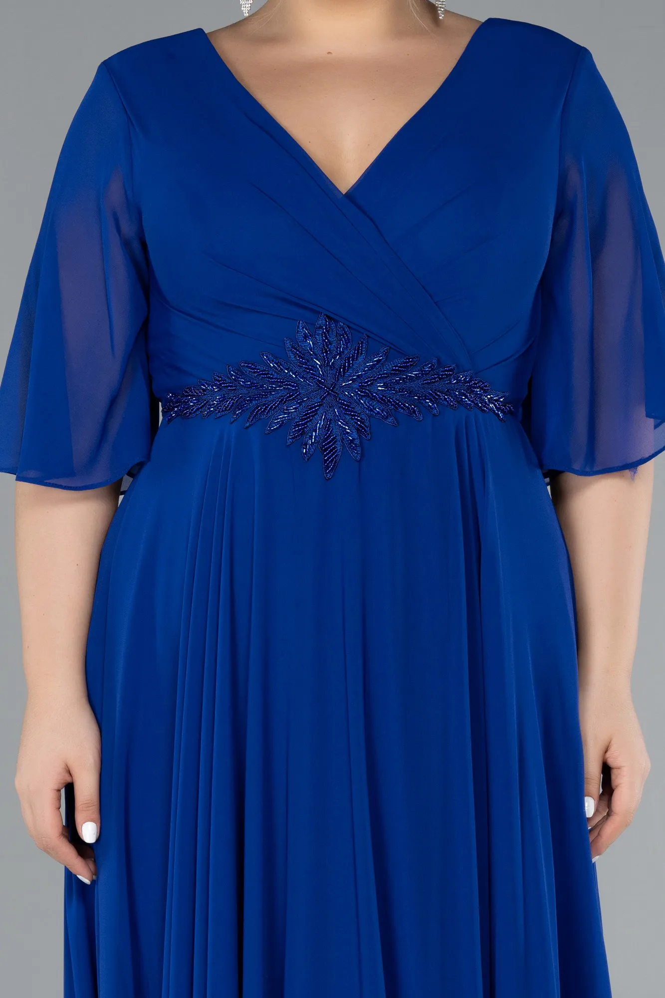 Sax Blue-Short Sleeve Plus Size Long Chiffon Evening Dress ABU3991