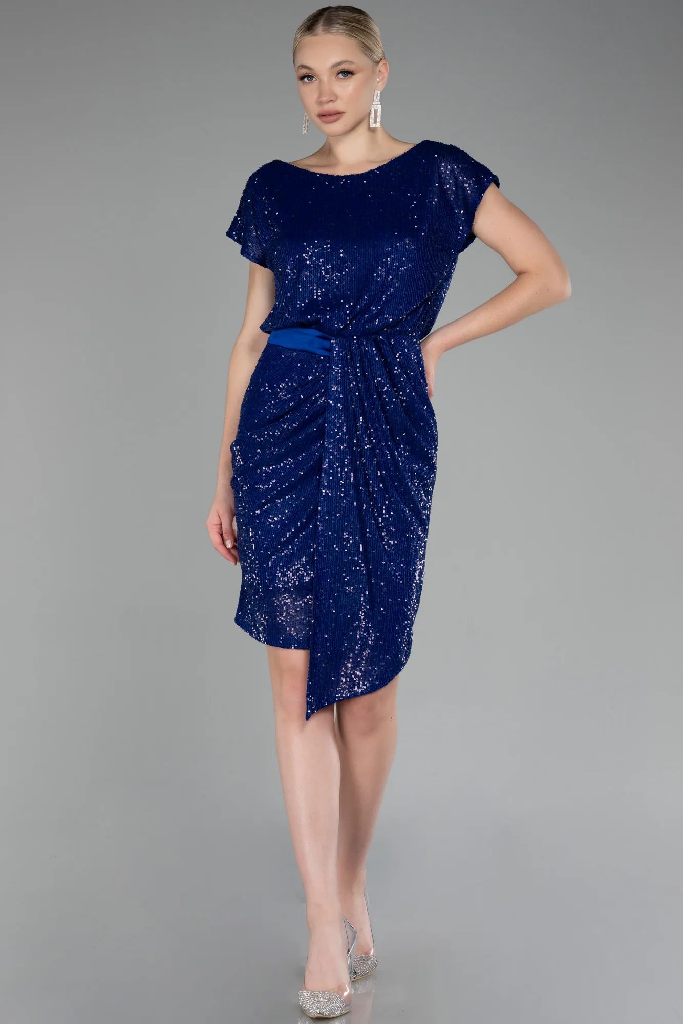 Sax Blue-Short Sleeve Sequined Party Dress ABK2125