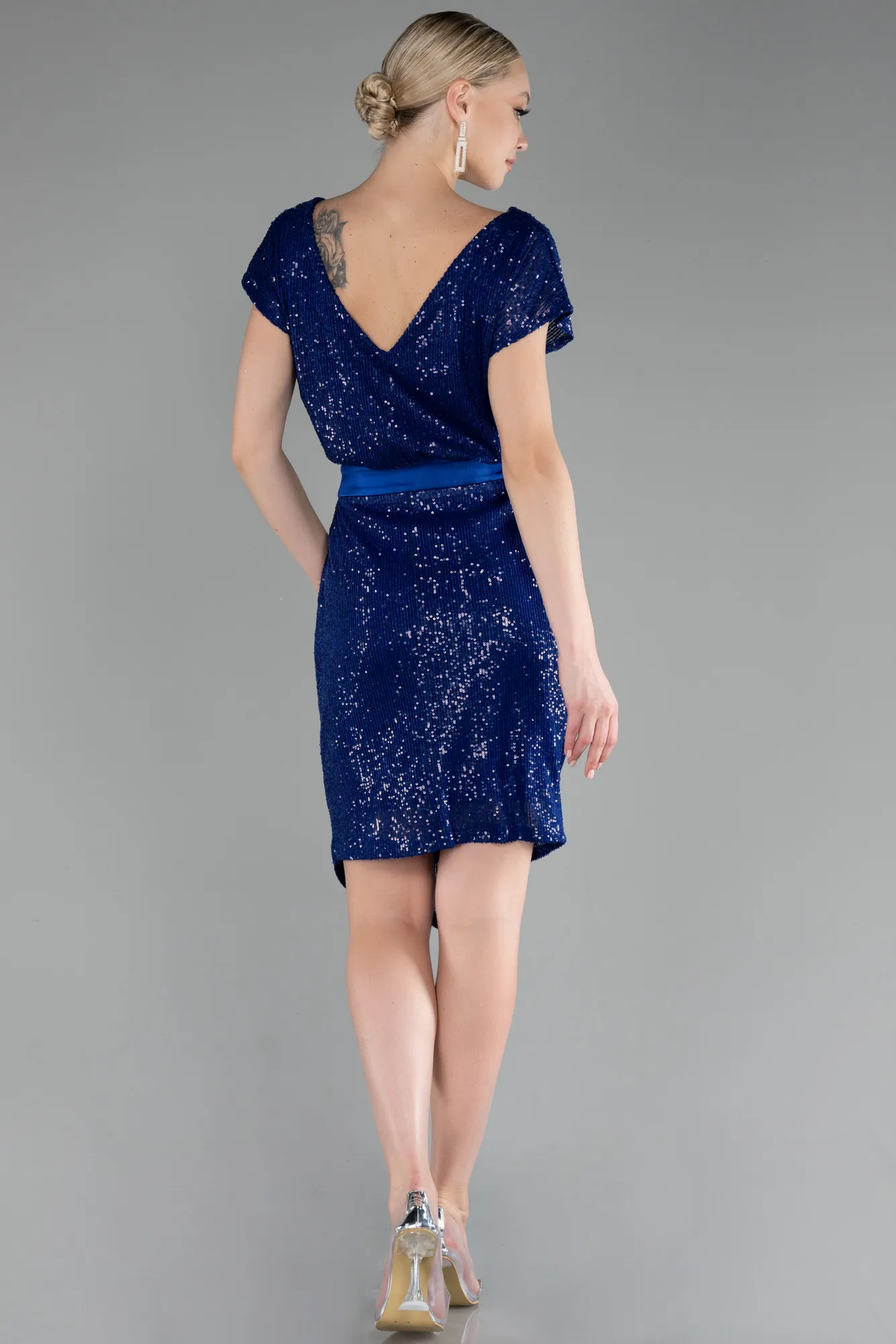 Sax Blue-Short Sleeve Sequined Party Dress ABK2125