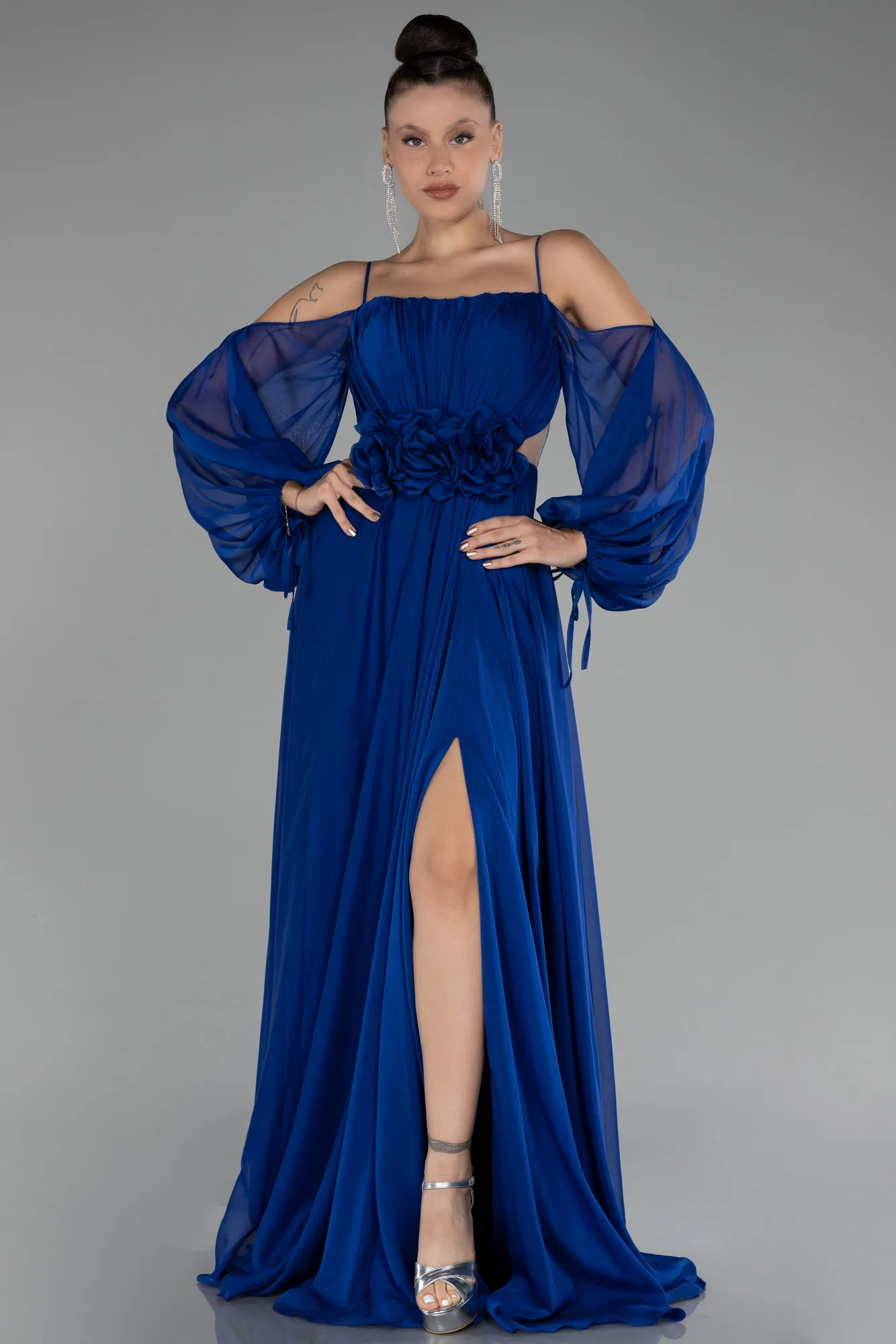 Sax Blue-Shoulder Decollete Long Sleeve Chiffon Prom Dress ABU4165