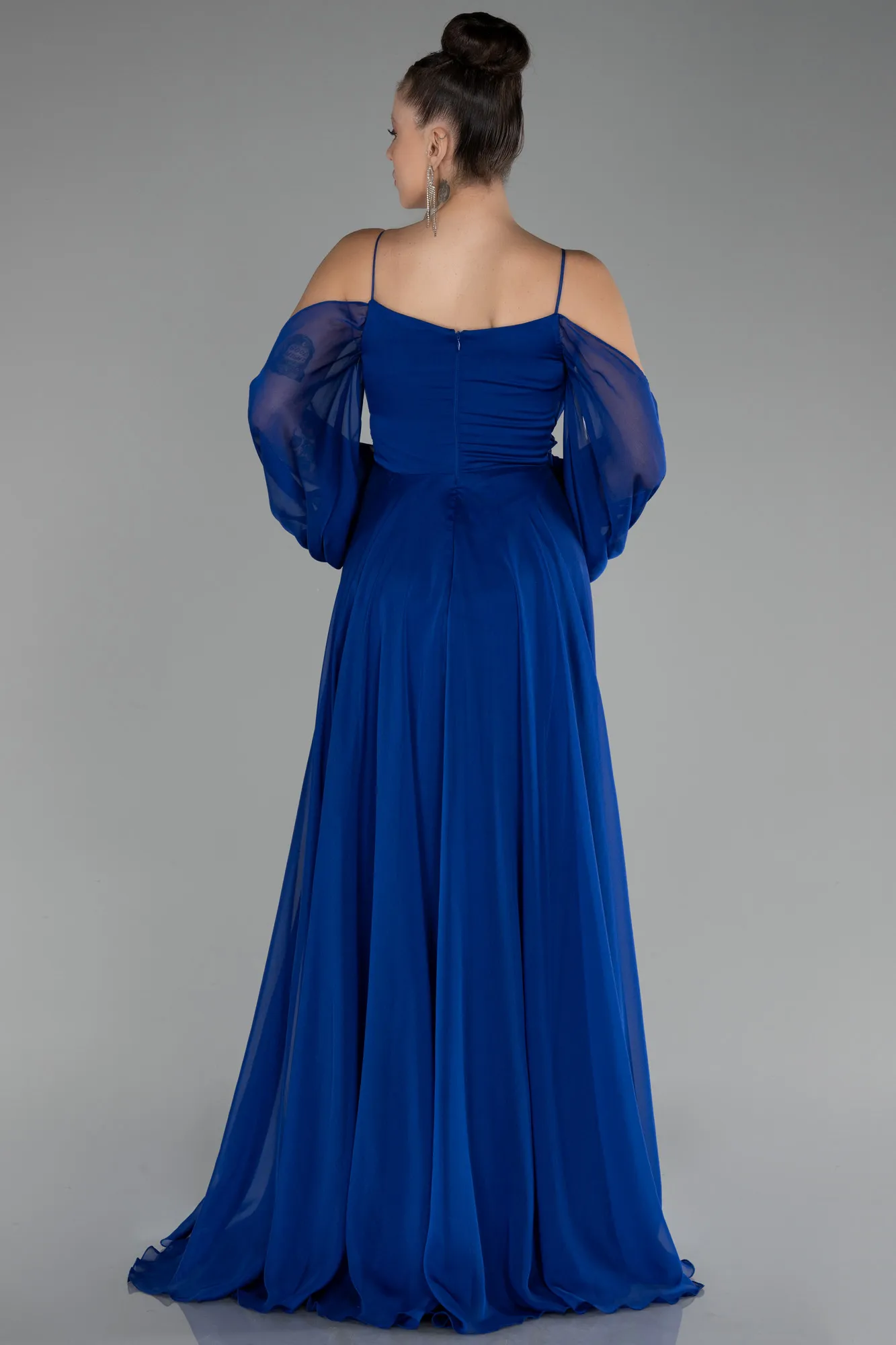 Sax Blue-Shoulder Decollete Long Sleeve Chiffon Prom Dress ABU4165