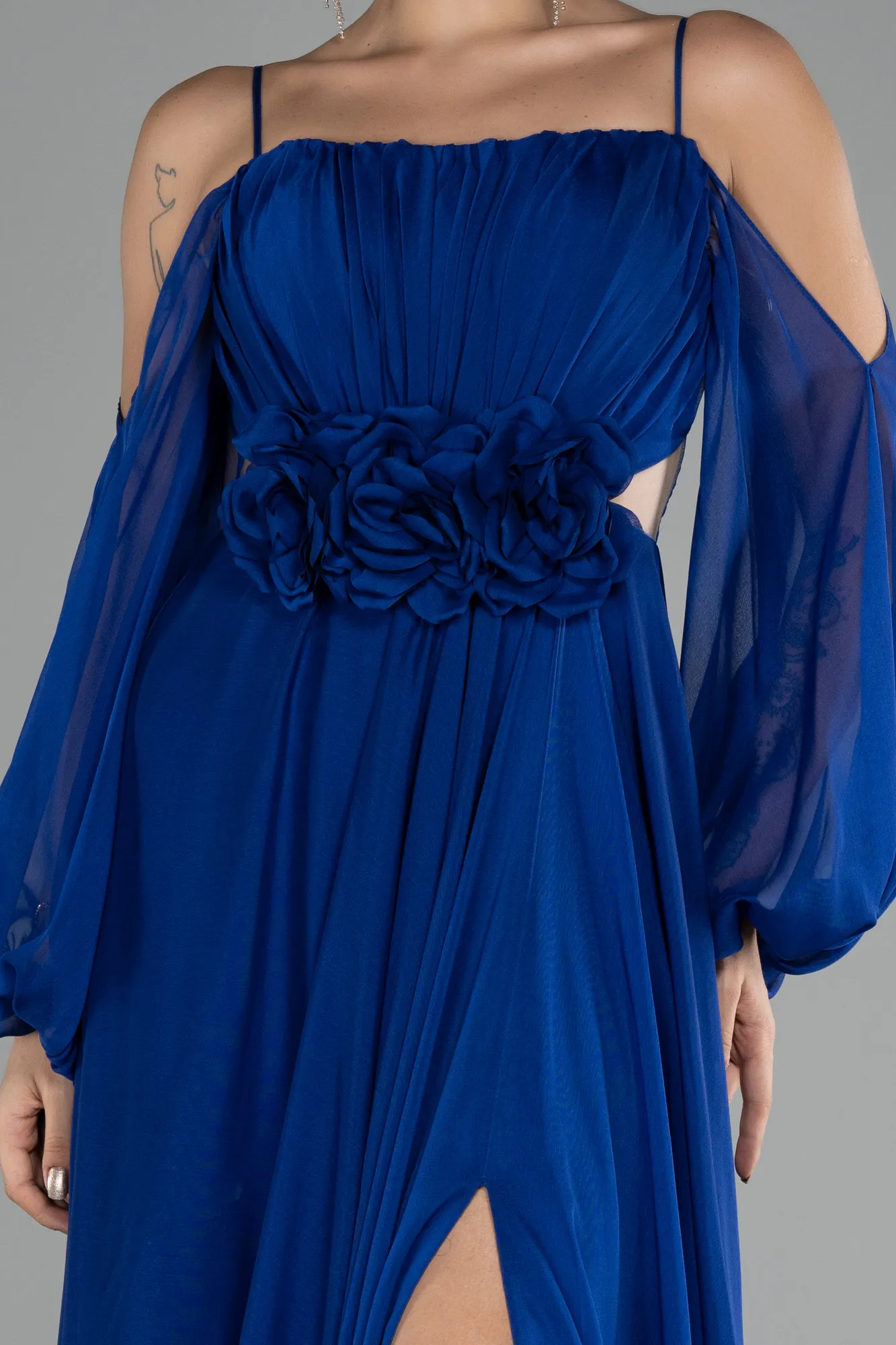 Sax Blue-Shoulder Decollete Long Sleeve Chiffon Prom Dress ABU4165