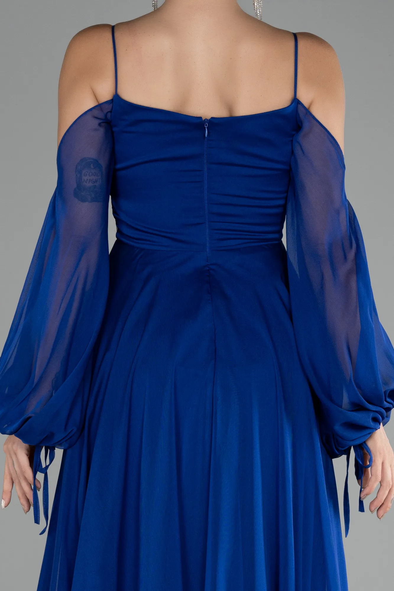 Sax Blue-Shoulder Decollete Long Sleeve Chiffon Prom Dress ABU4165