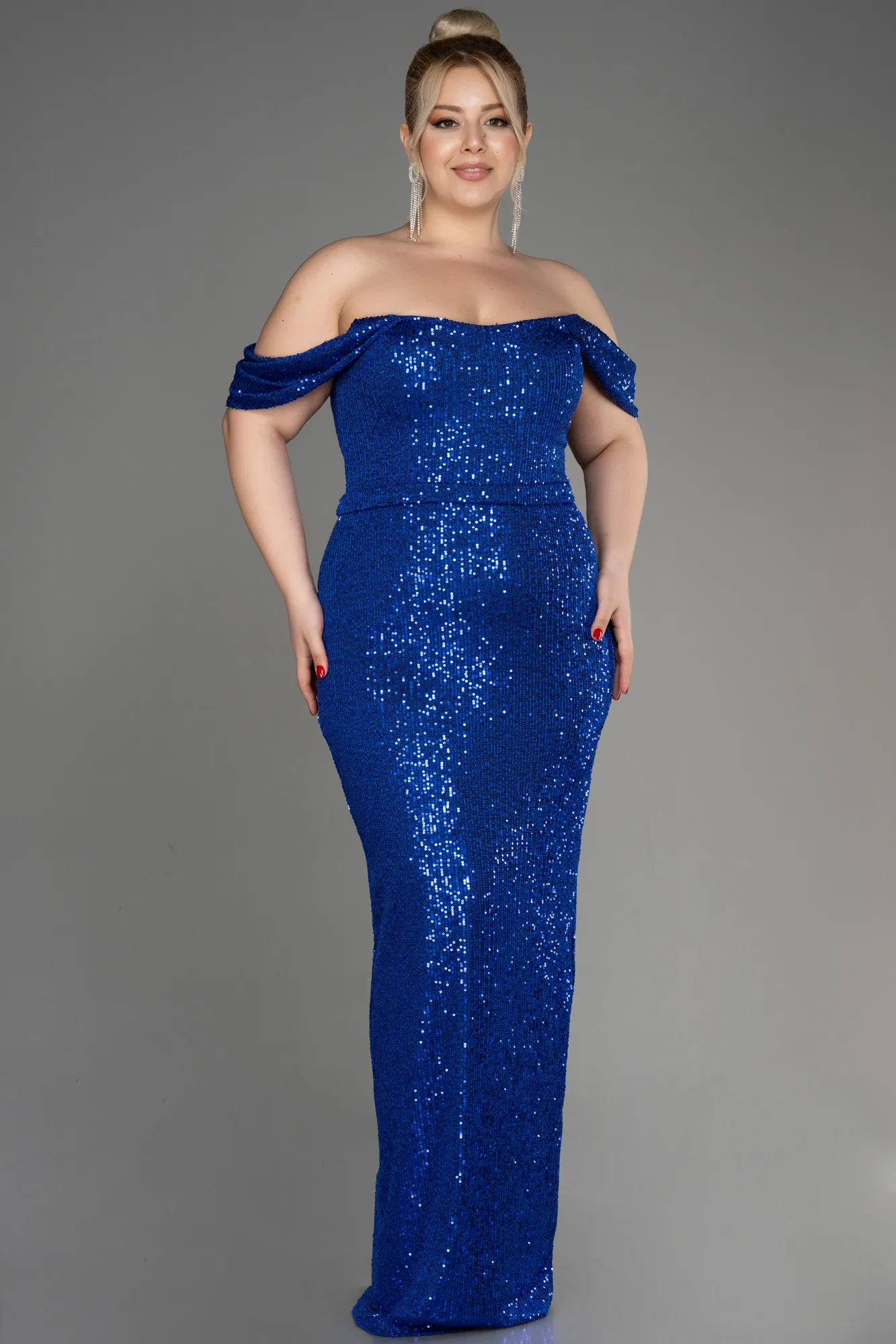 Sax Blue-Shoulder Low Cut Long Sequin Plus Size Evening Dress ABU3919