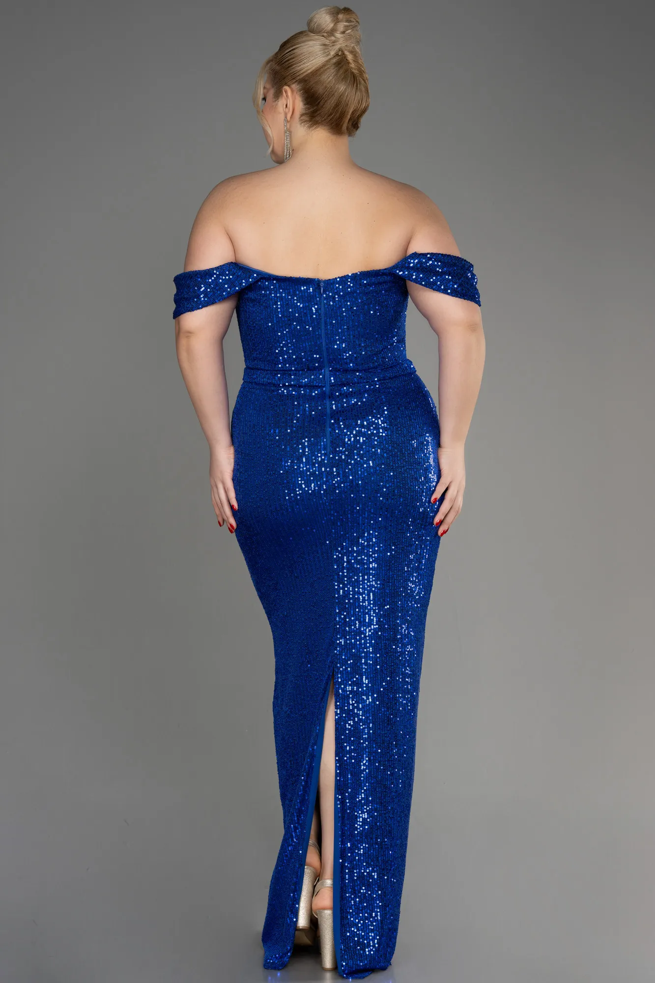 Sax Blue-Shoulder Low Cut Long Sequin Plus Size Evening Dress ABU3919