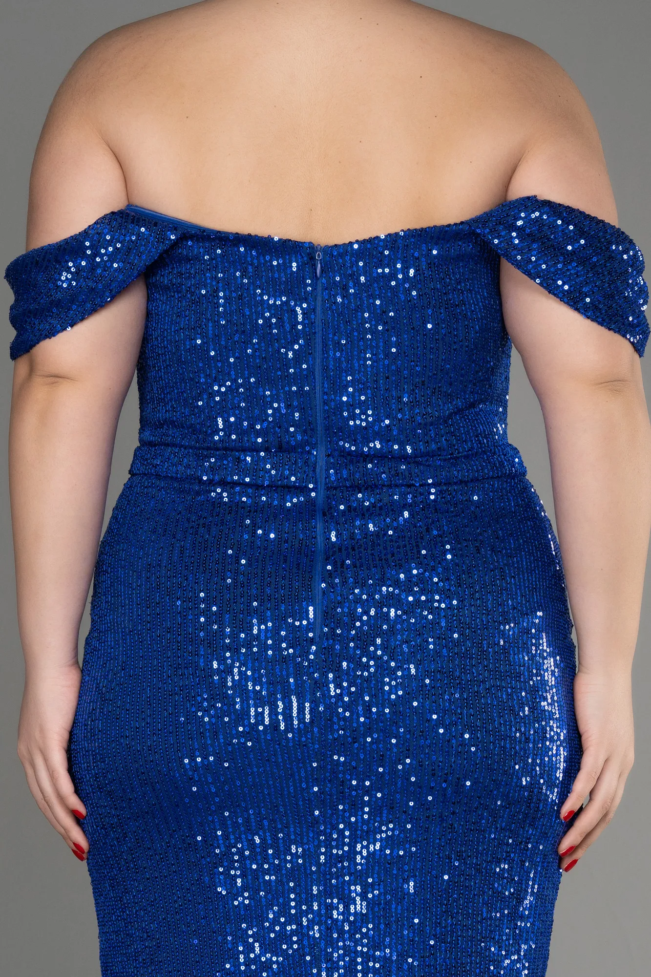 Sax Blue-Shoulder Low Cut Long Sequin Plus Size Evening Dress ABU3919