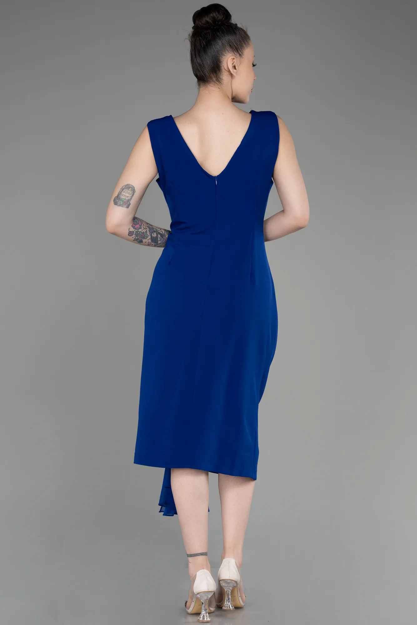 Sax Blue-Sleeveless Midi Plus Size Invitation Dress ABK2057