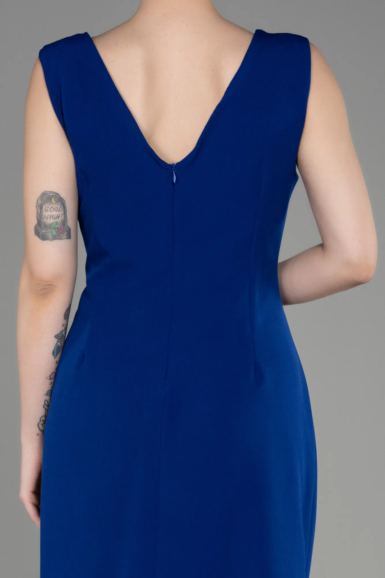 Sax Blue-Sleeveless Midi Plus Size Invitation Dress ABK2057