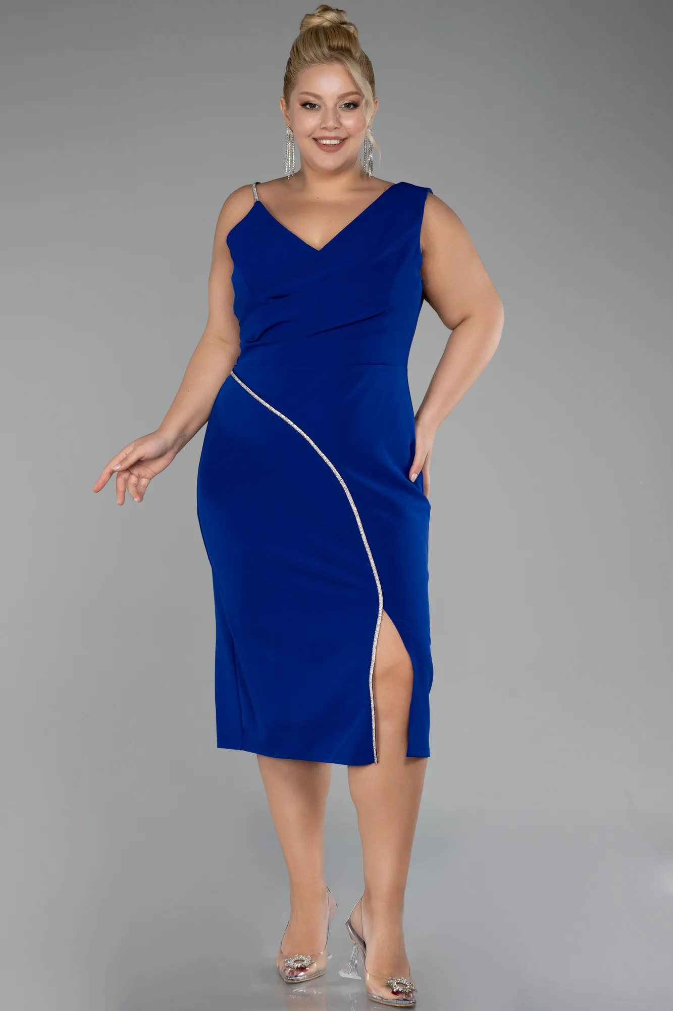 Sax Blue-Sleeveless Midi Plus Size Invitation Dress ABK2059