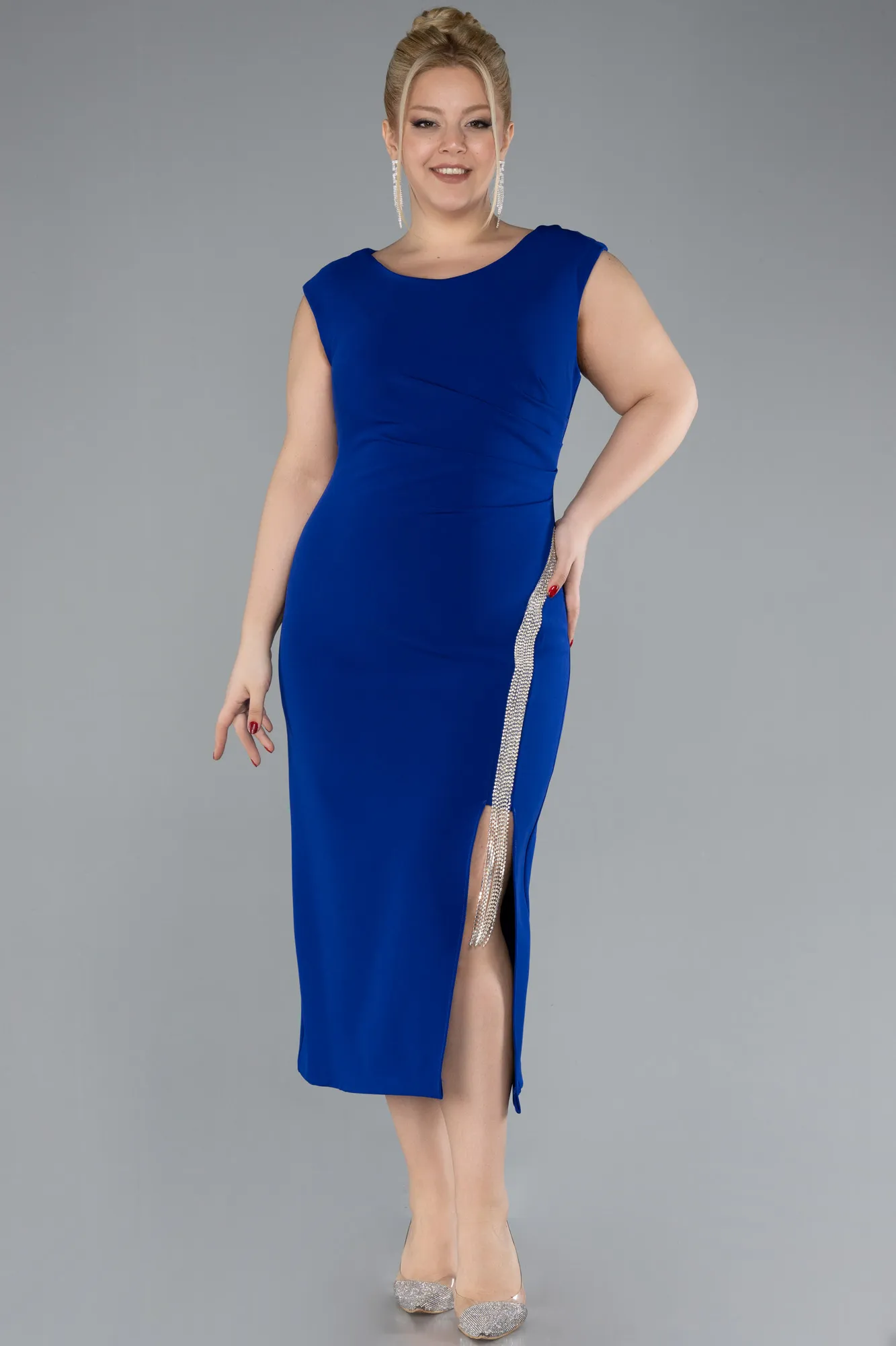 Sax Blue-Sleeveless Midi Plus Size Party Dress ABK2058