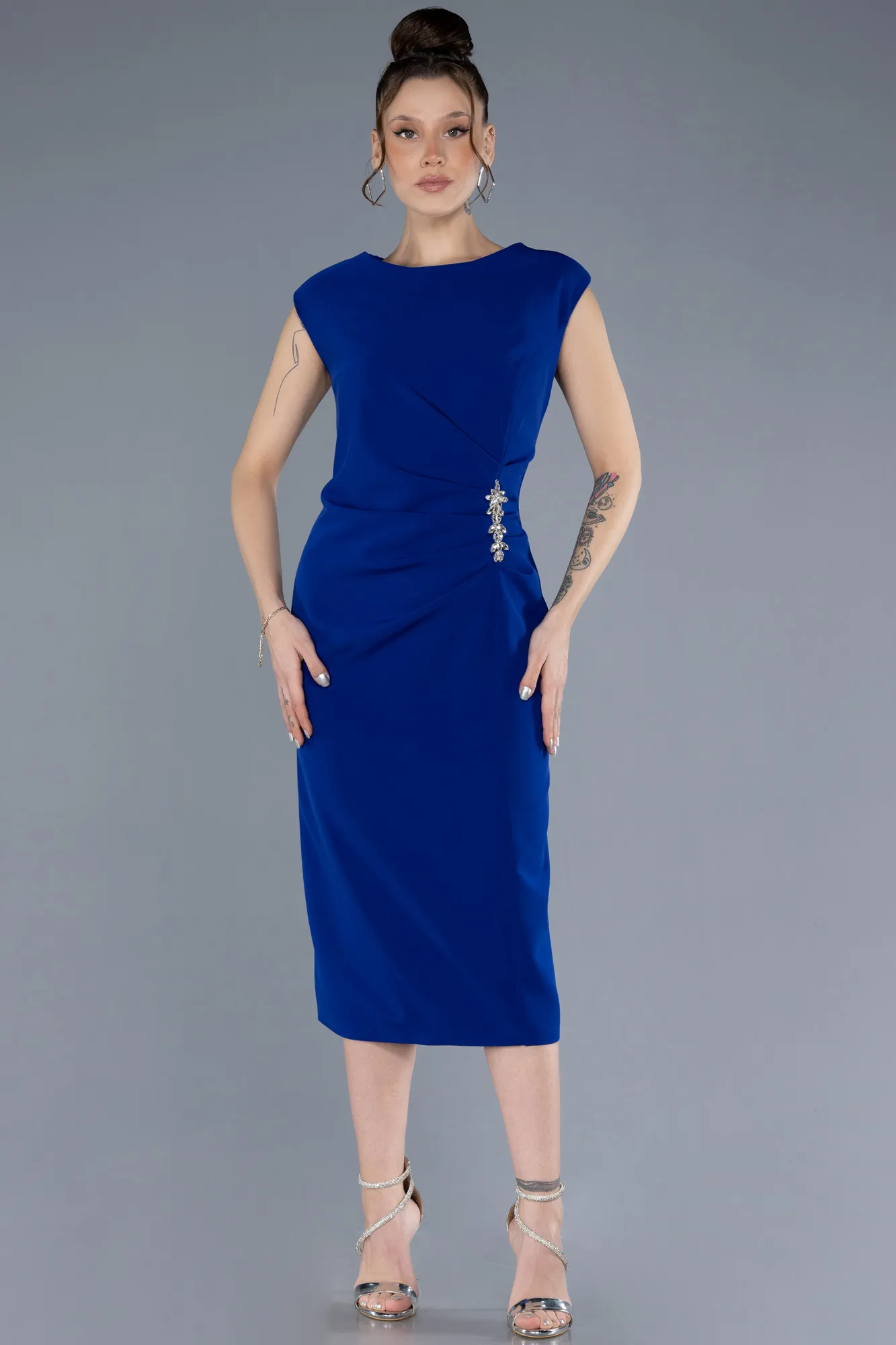 Sax Blue-Sleeveless Midi Plus Size Party Dress ABK2190