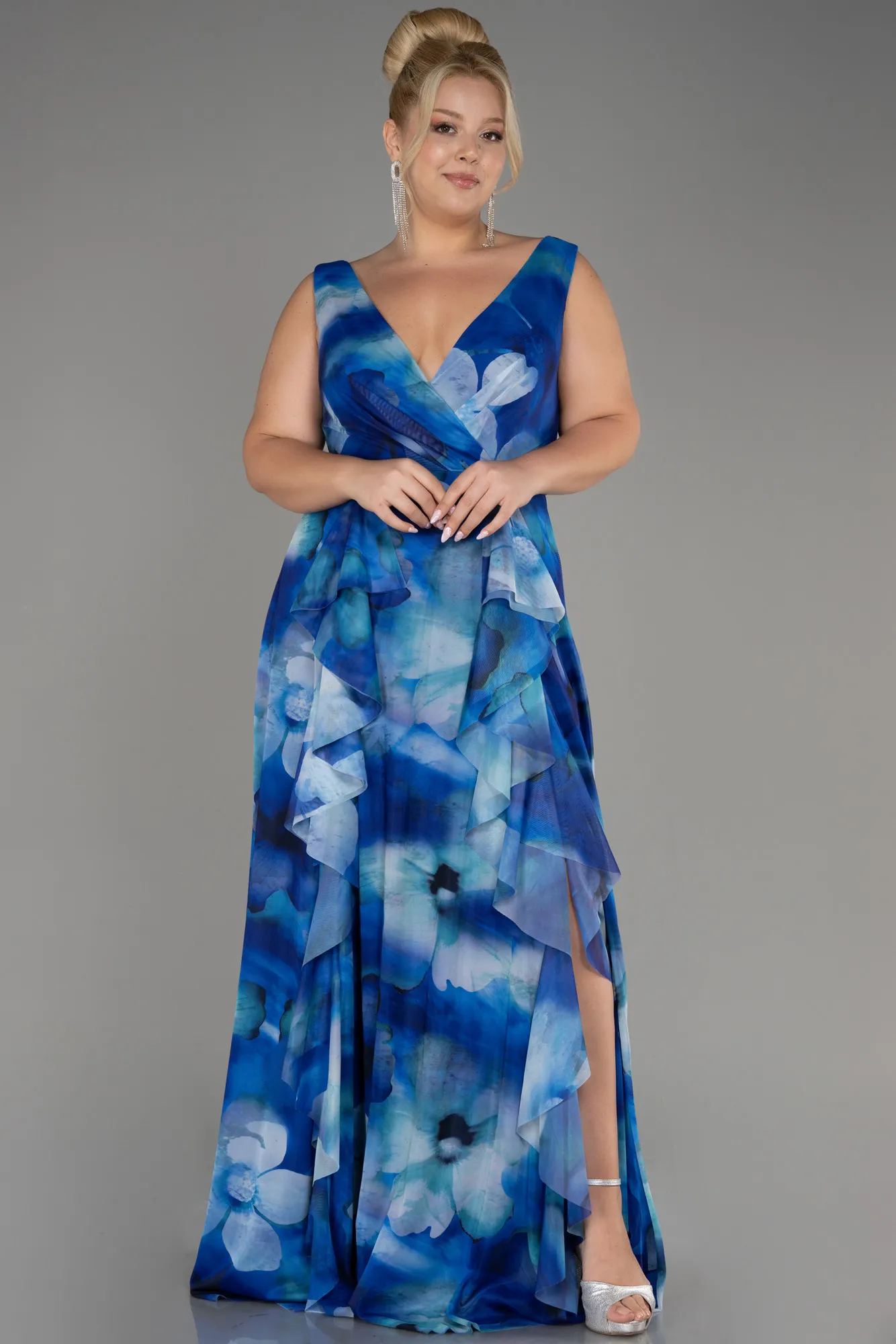 Sax Blue-Sleevess Printed Chiffon Plus Size Prom Dress ABU4050