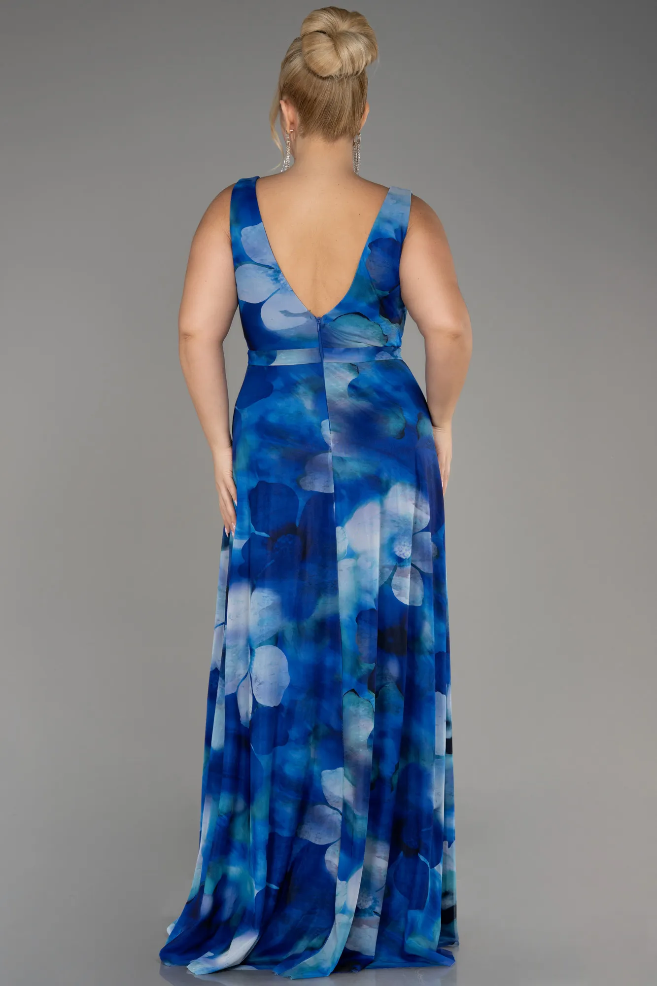 Sax Blue-Sleevess Printed Chiffon Plus Size Prom Dress ABU4050