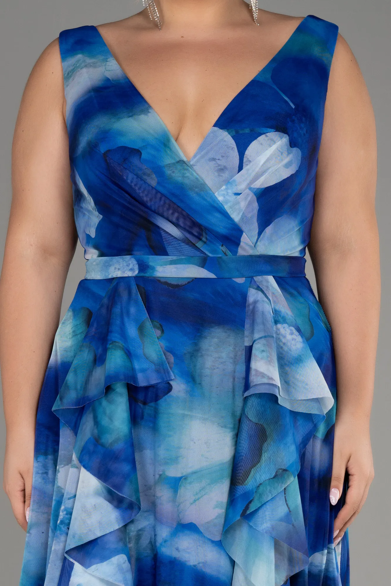 Sax Blue-Sleevess Printed Chiffon Plus Size Prom Dress ABU4050