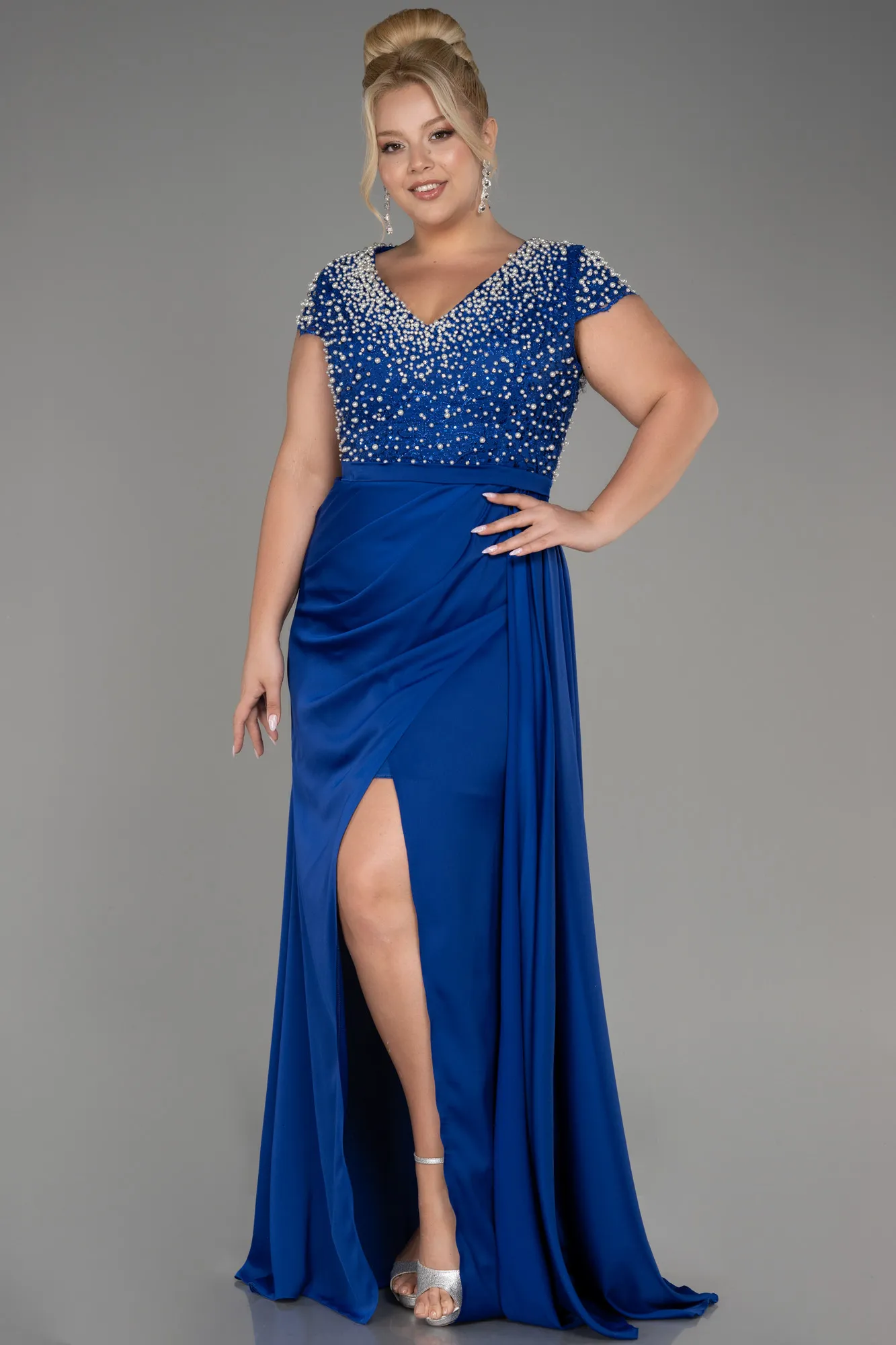 Sax Blue-Slit Beaded Long Satin Plus Size Evening Gown ABU4053