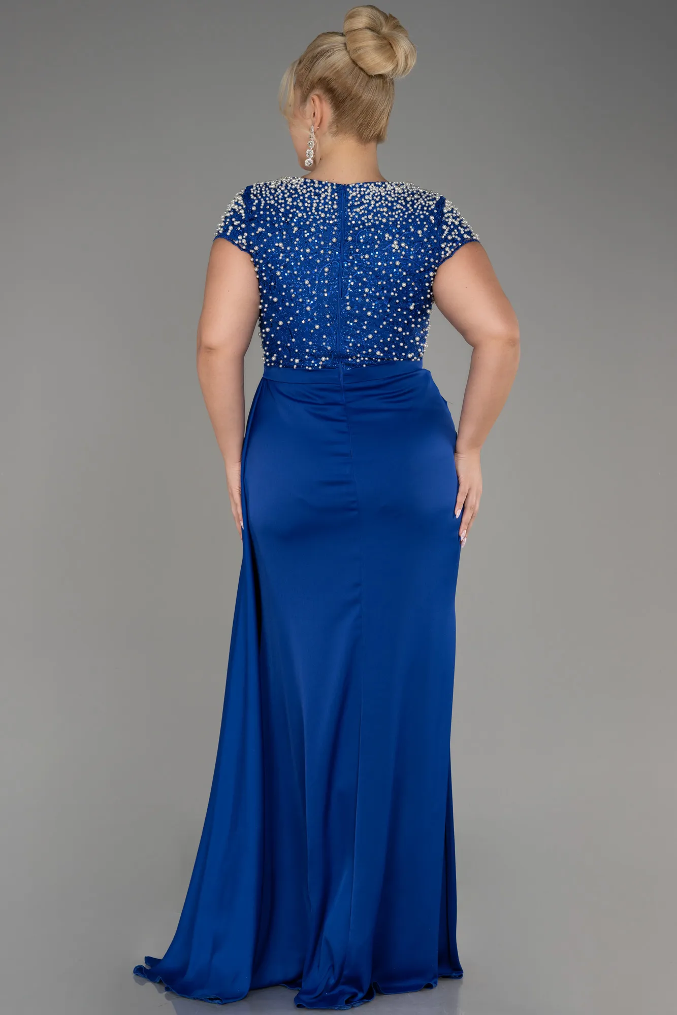 Sax Blue-Slit Beaded Long Satin Plus Size Evening Gown ABU4053