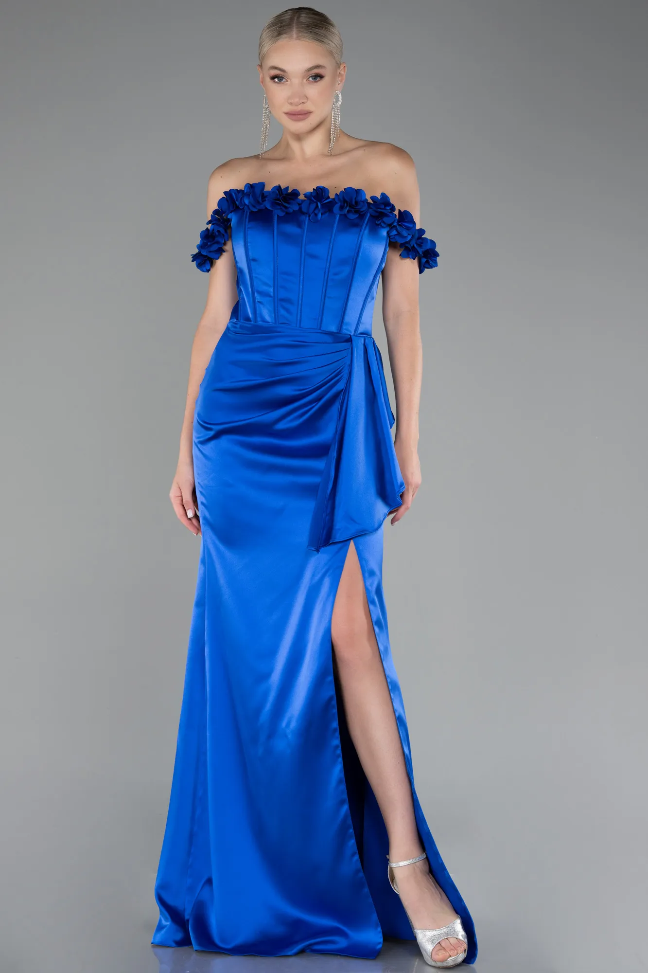 Sax Blue-Slit Boat Neck Long Satin Evening Dress ABU4055