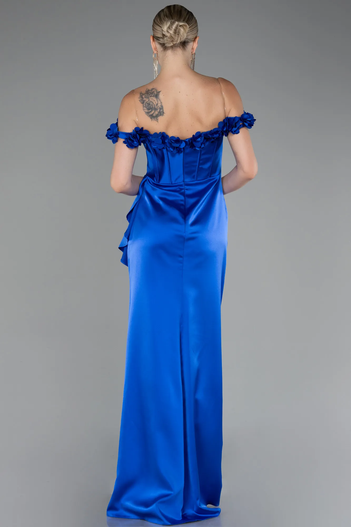 Sax Blue-Slit Boat Neck Long Satin Evening Dress ABU4055