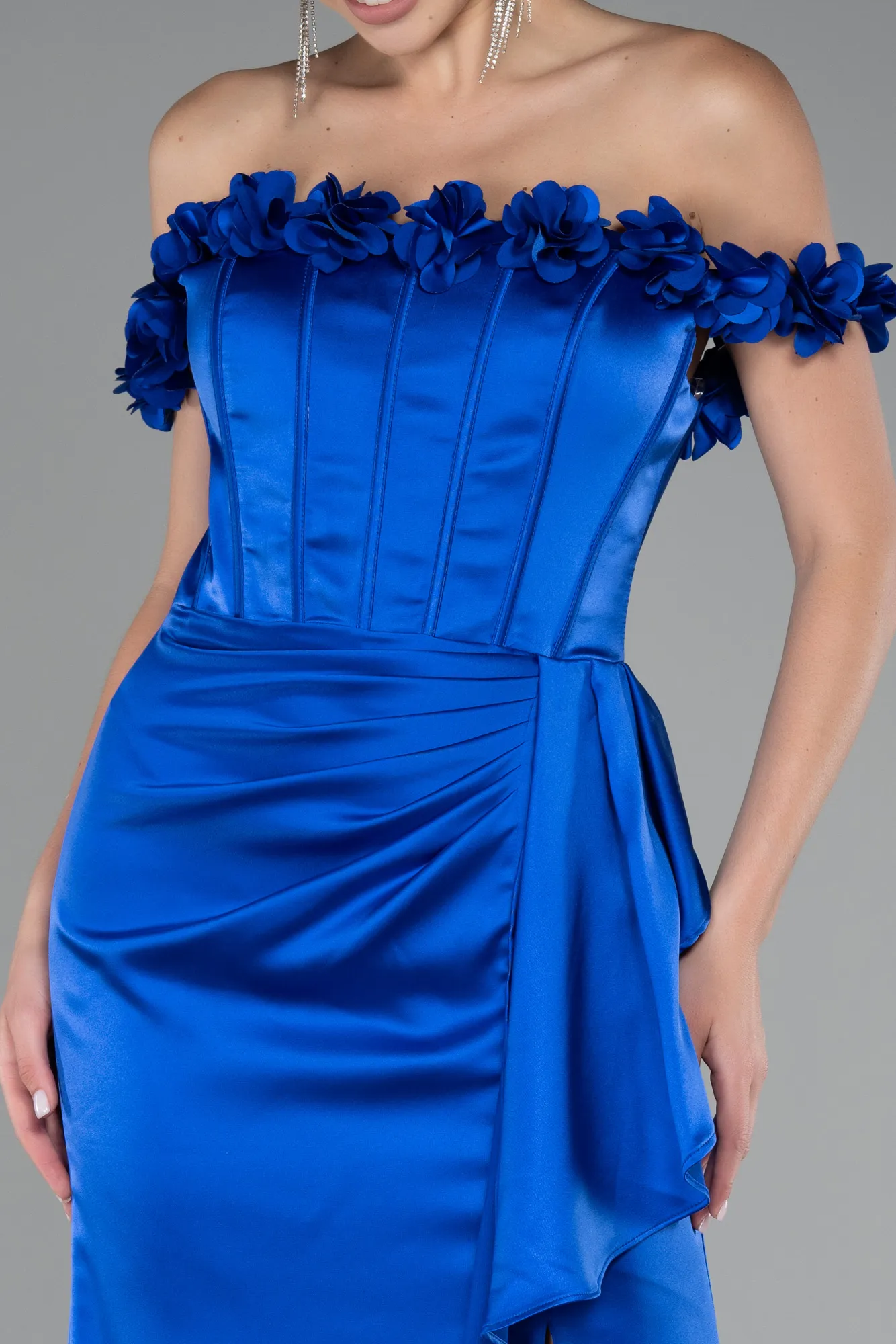 Sax Blue-Slit Boat Neck Long Satin Evening Dress ABU4055