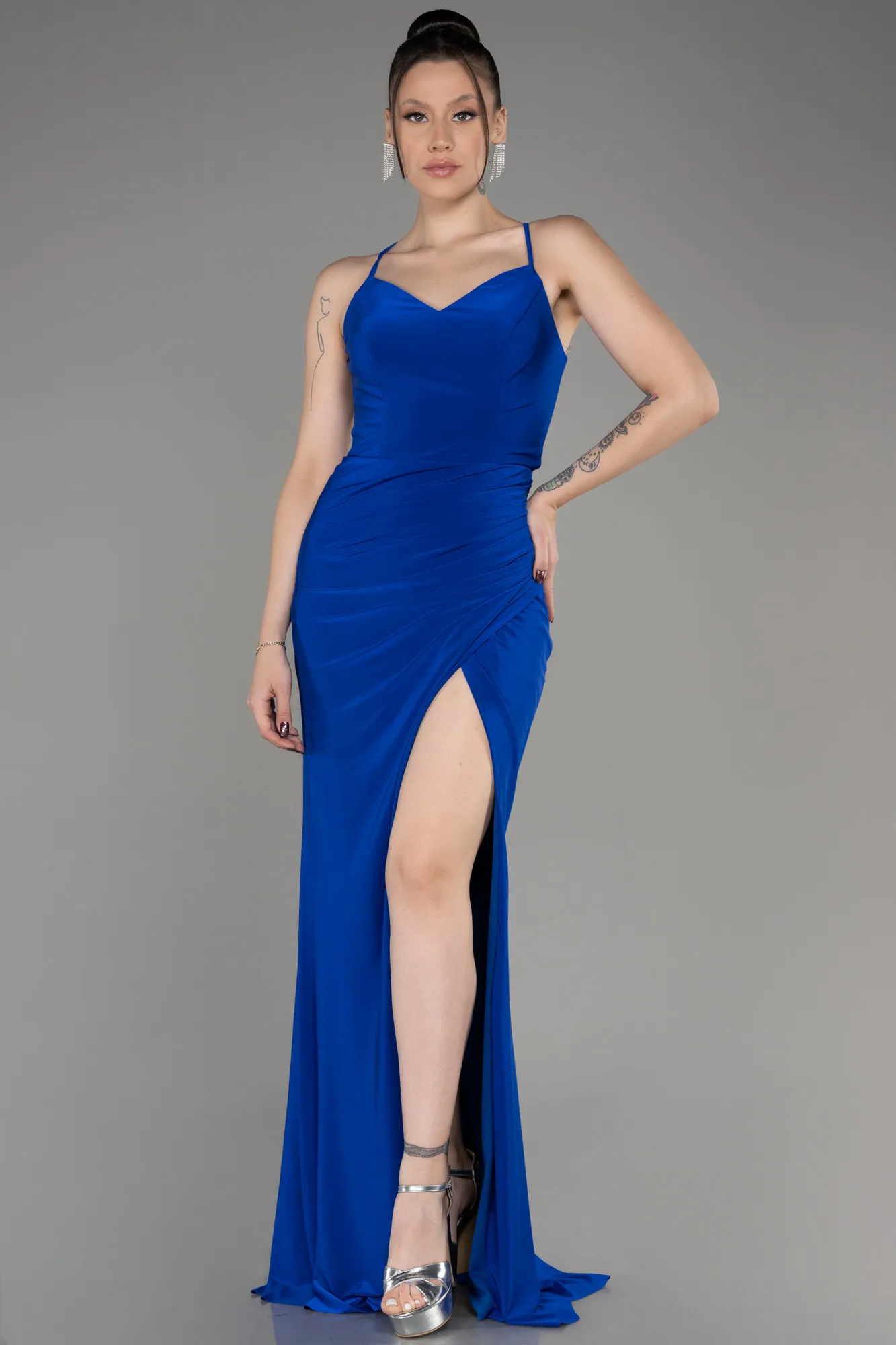 Sax Blue-Slit Long Evening Dress ABU3949