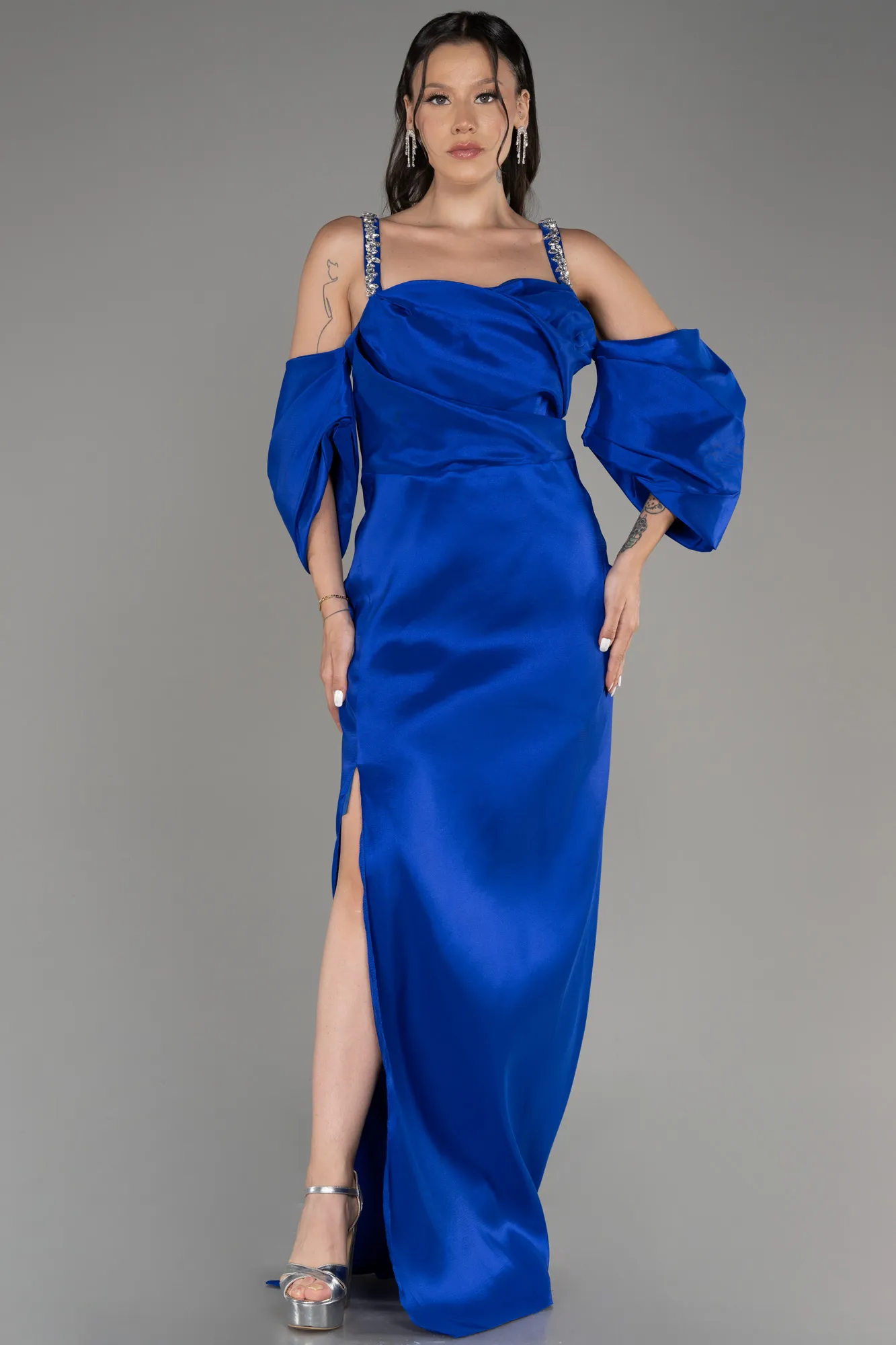 Sax Blue-Slit Long Plus Size Evening Dress ABU3921