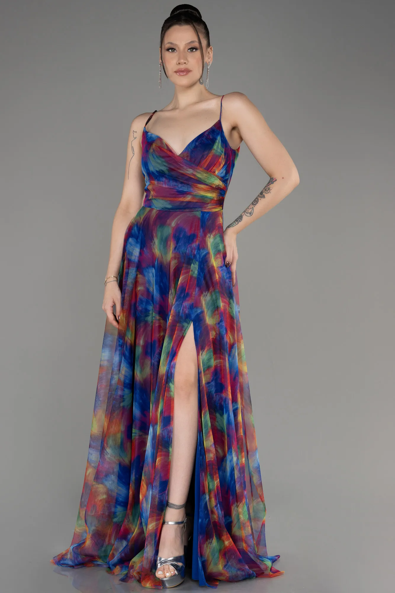 Sax Blue-Slit Long Printed Prom Dress ABU4359