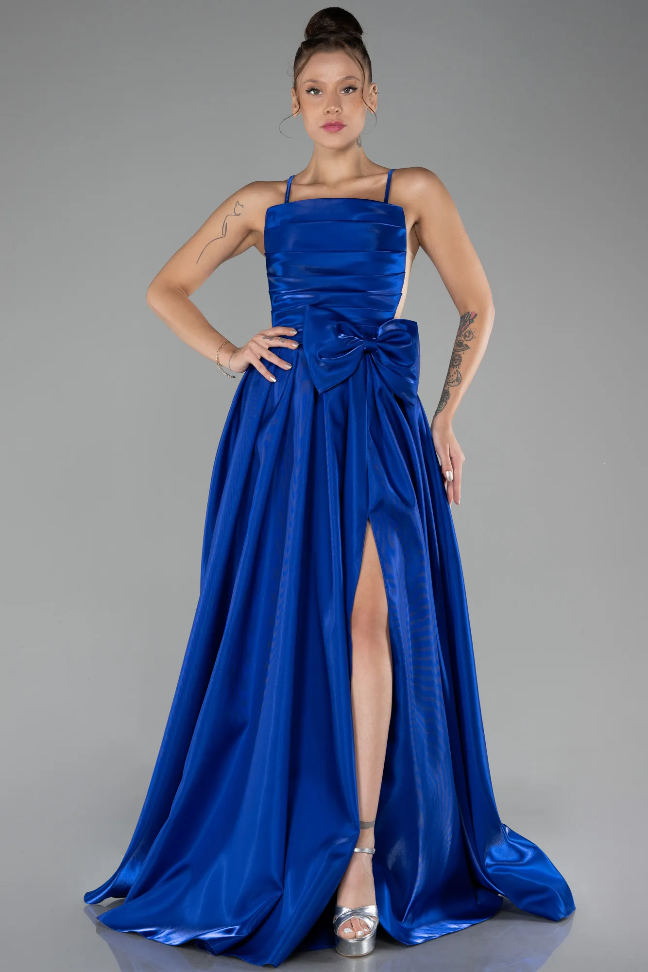 Sax Blue-Slit Long Satin Prom Dress ABU4298