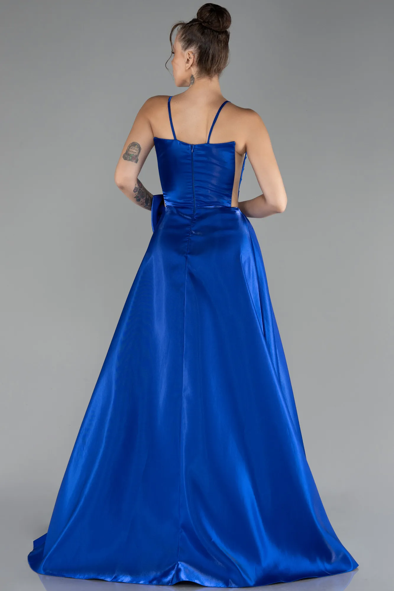 Sax Blue-Slit Long Satin Prom Dress ABU4298