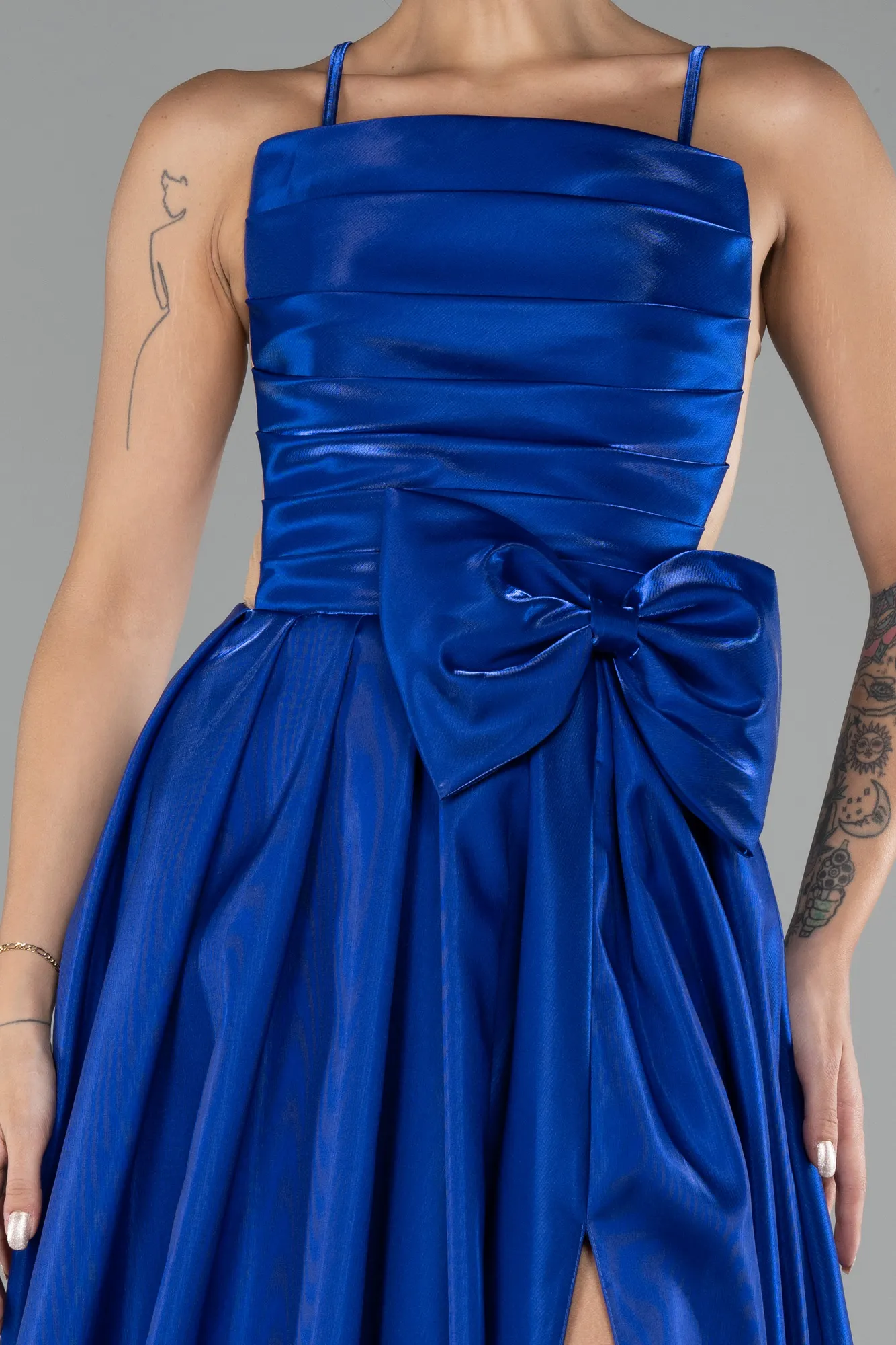 Sax Blue-Slit Long Satin Prom Dress ABU4298