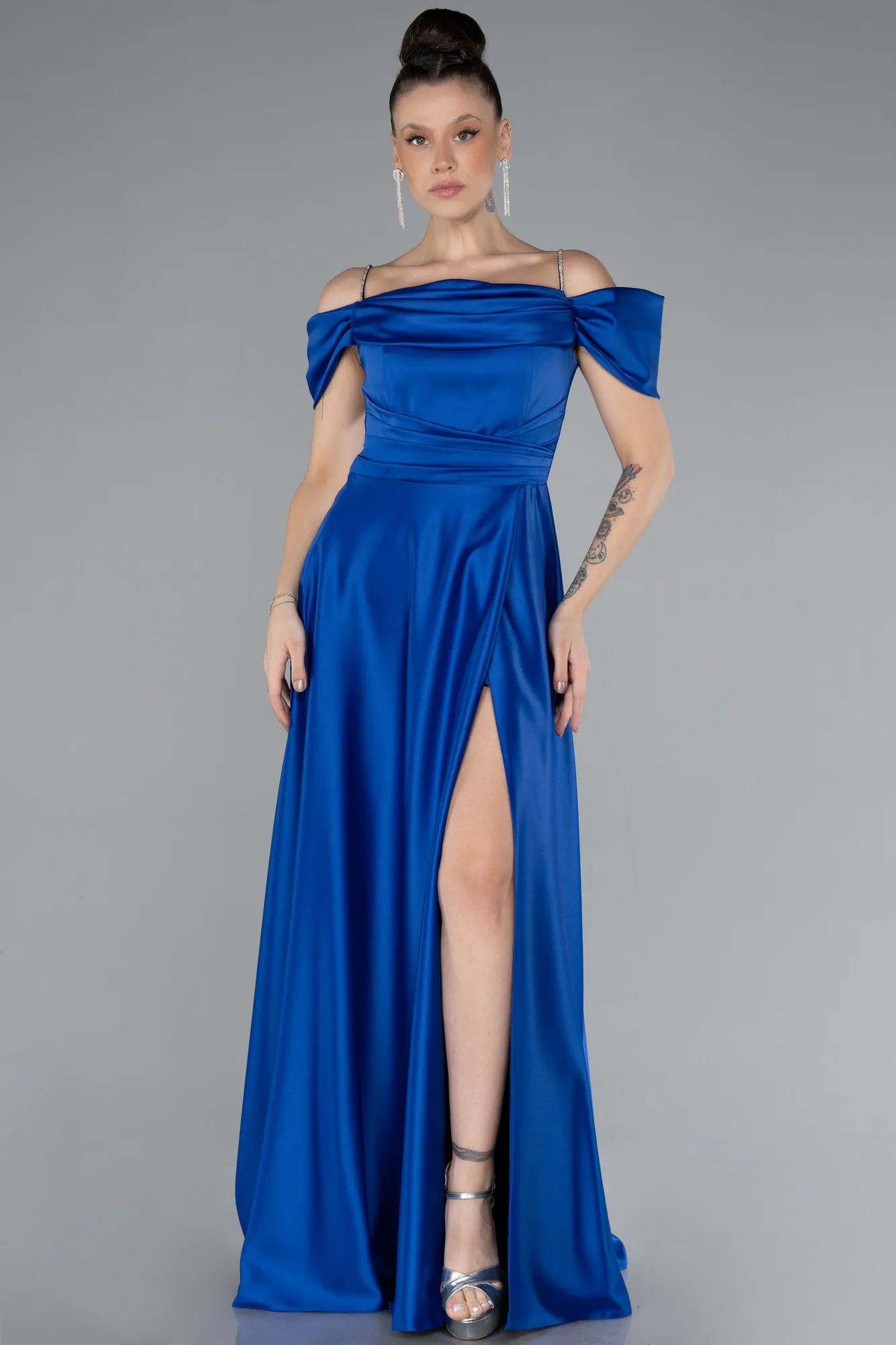 Sax Blue-Slit Long Satin Prom Gown ABU4531